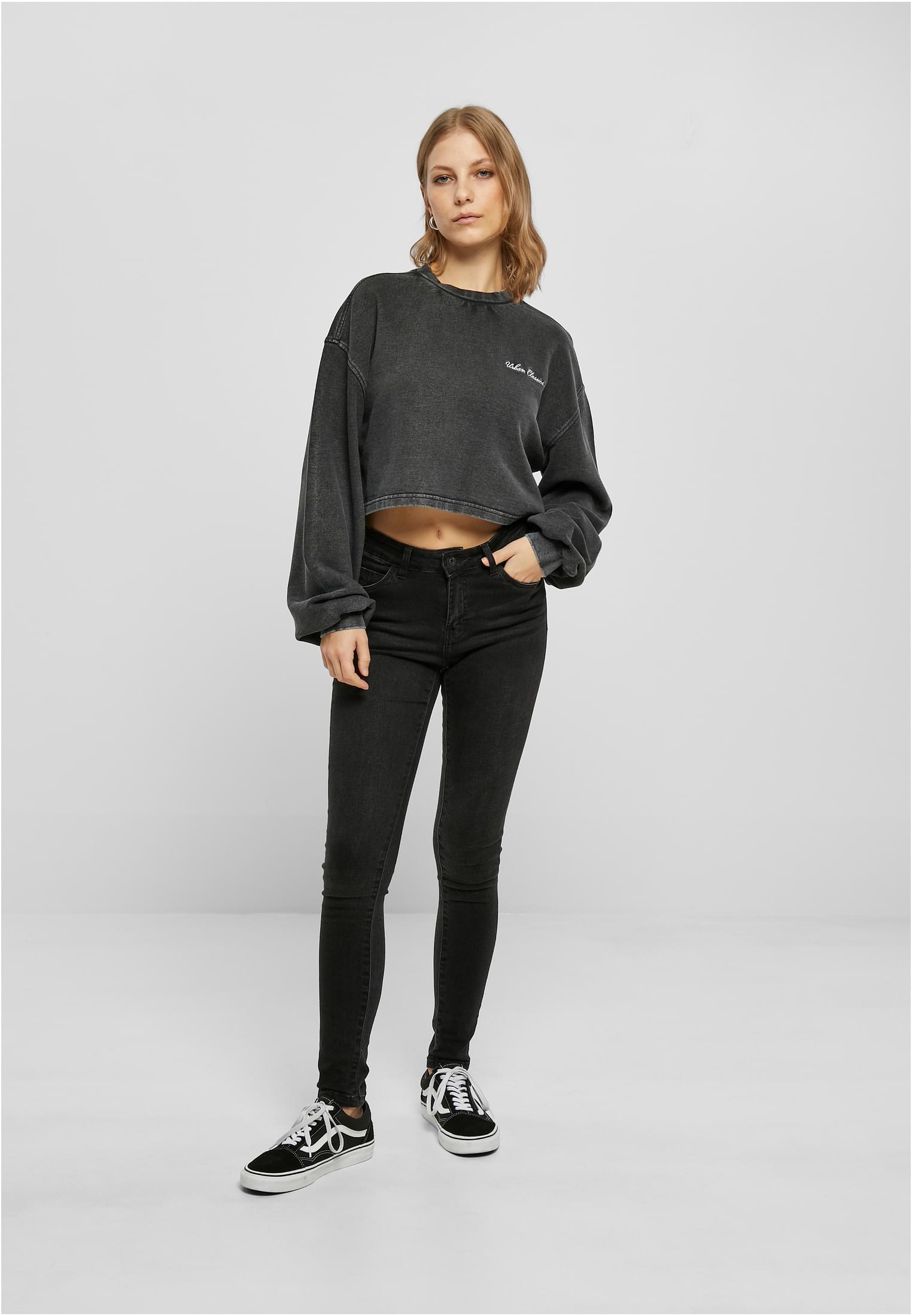 Ladies Cropped Small Embroidery Terry Crewneck | black