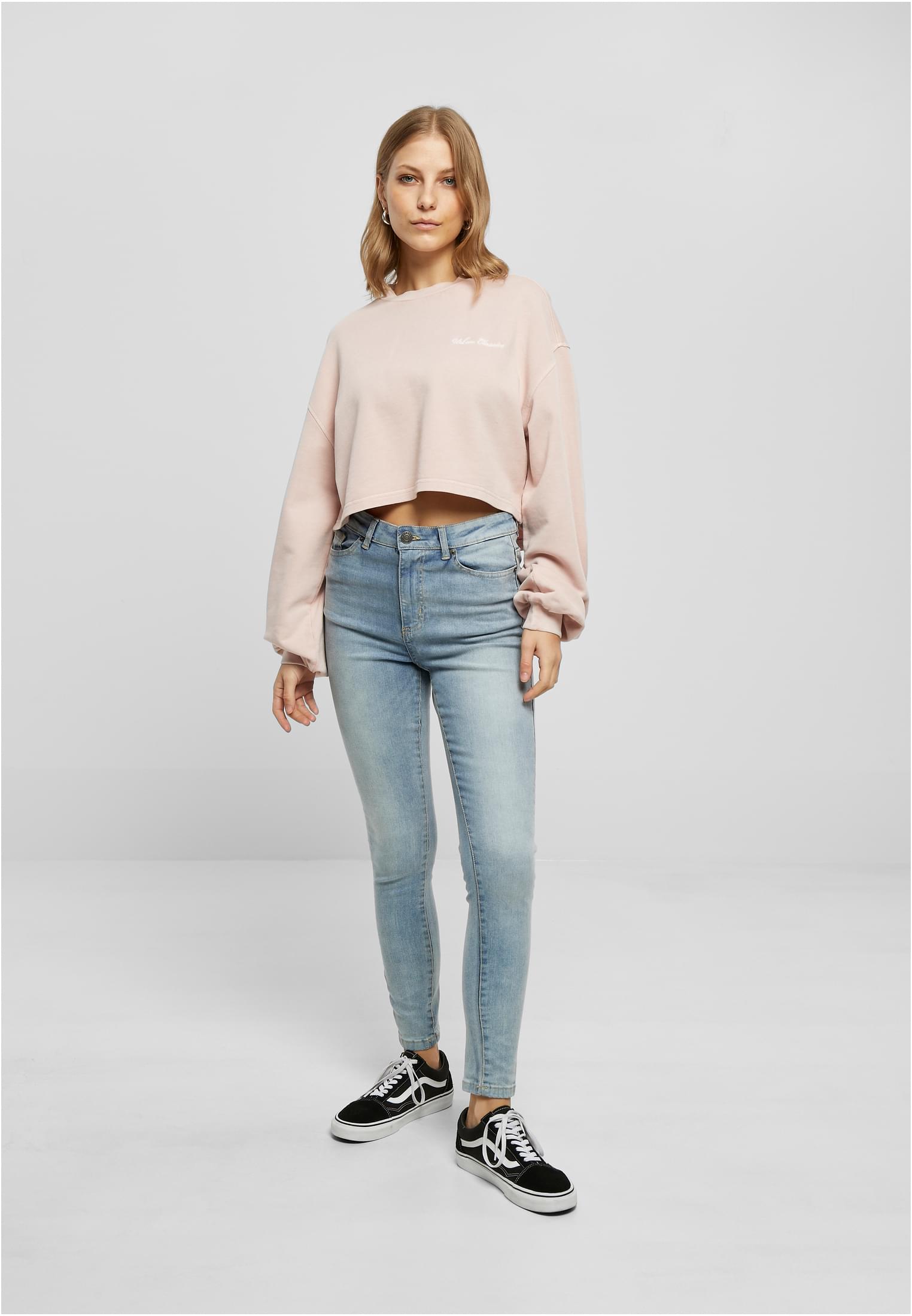 Ladies Cropped Small Embroidery Terry Crewneck | pink