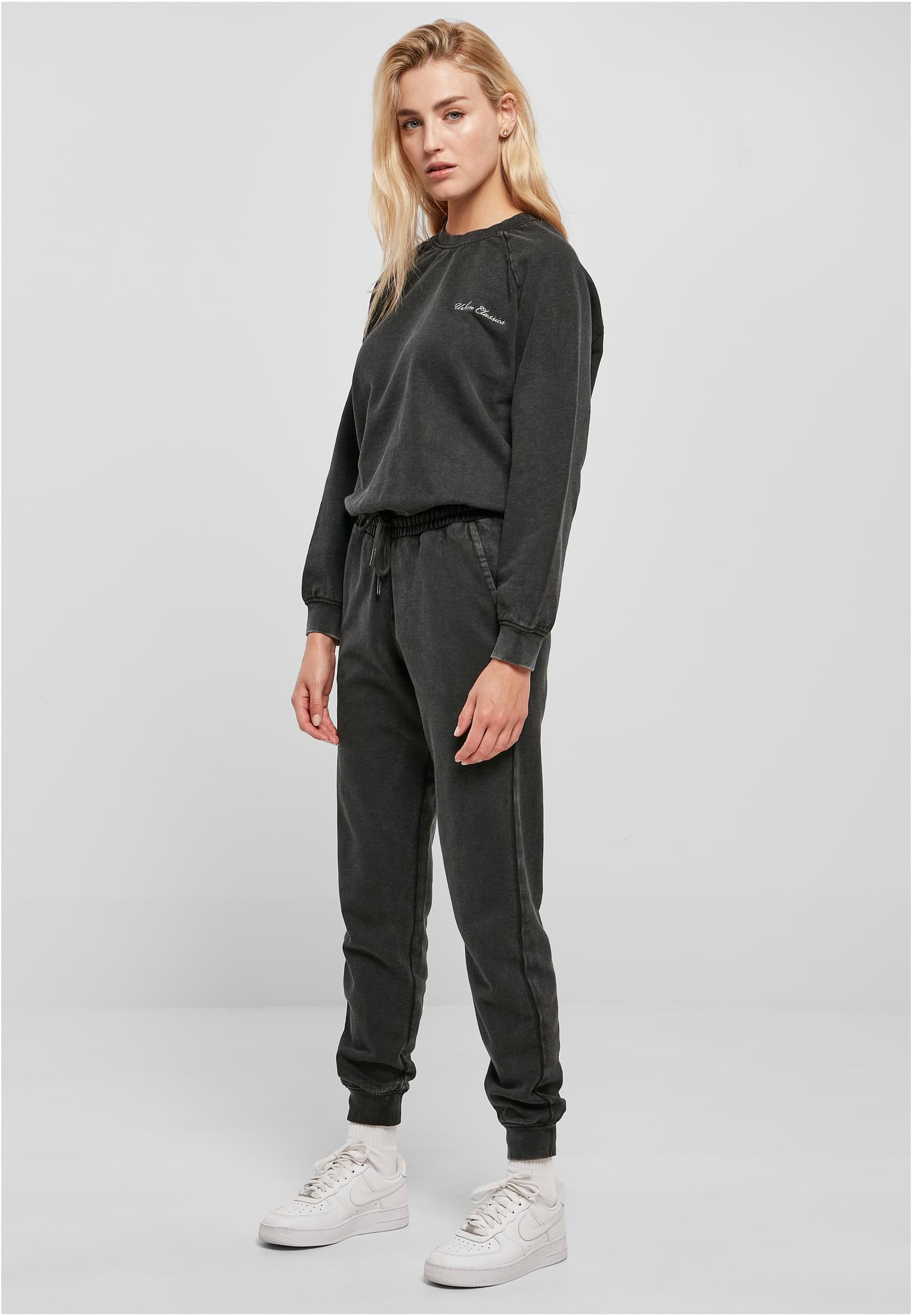 Ladies Small Embroidery Long Sleeve Terry Jumpsuit | black