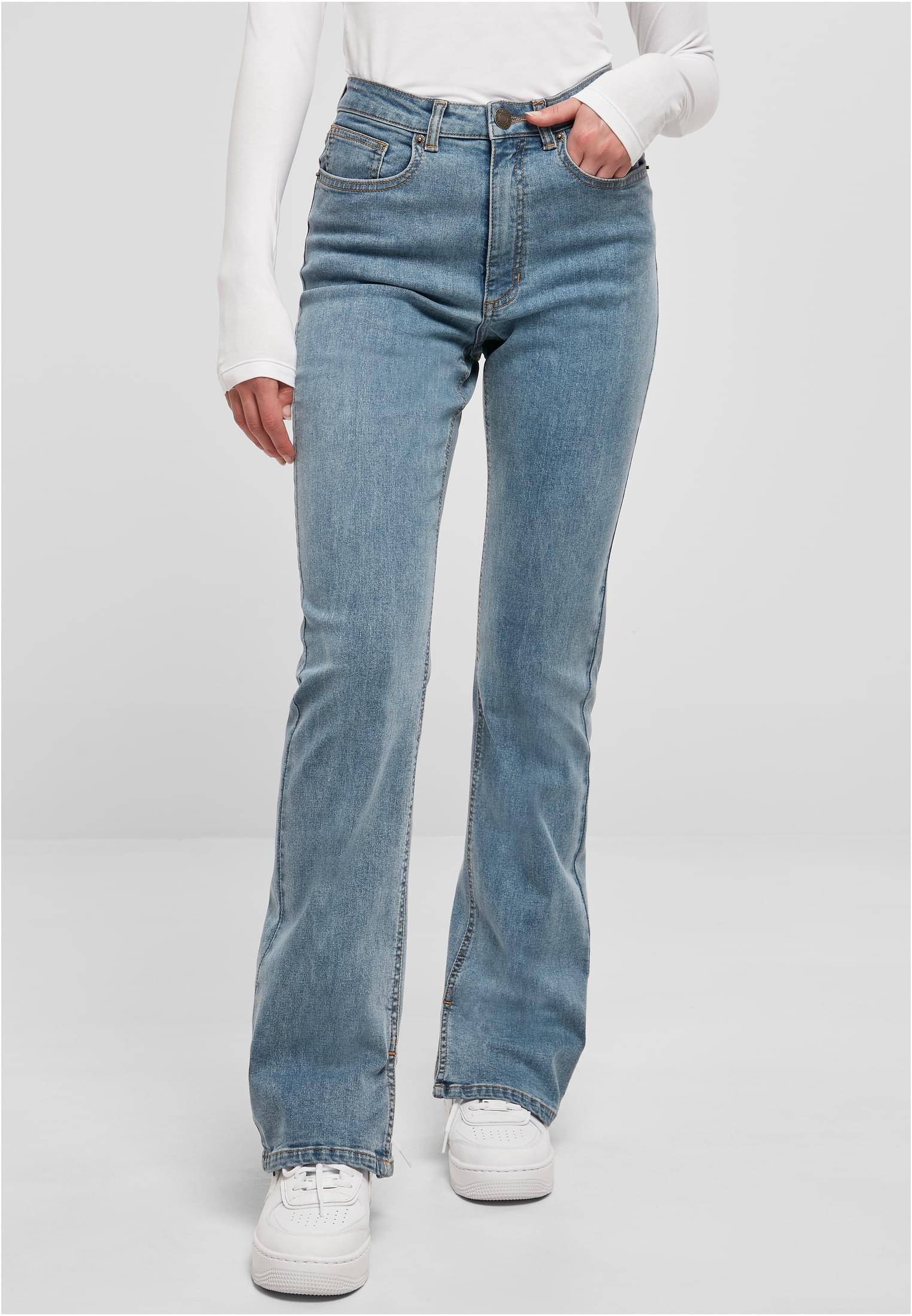 Ladies Highwaist Straight Slit Denim Pants | tinted lightblue washed