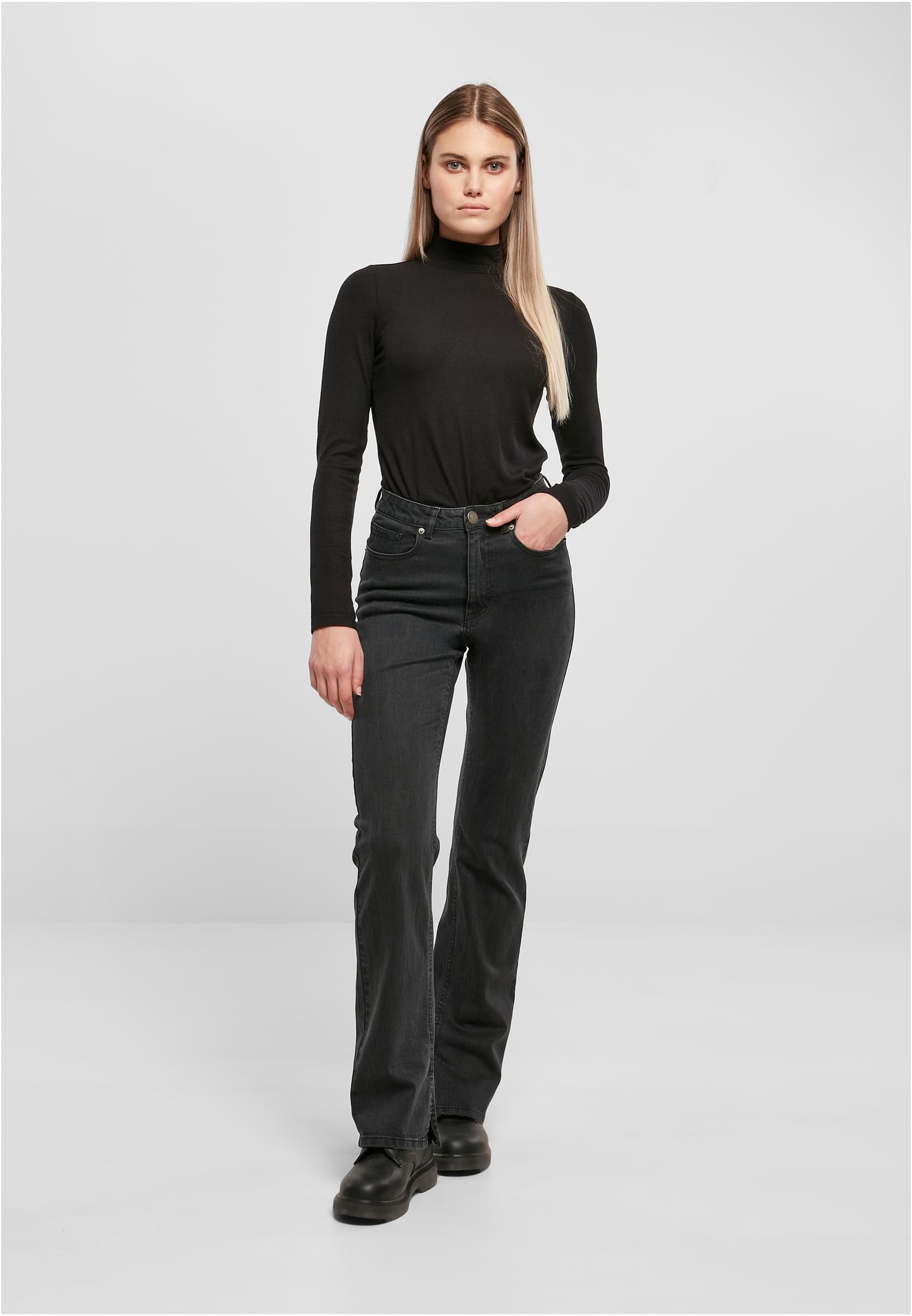 Ladies Highwaist Straight Slit Denim Pants | black washed