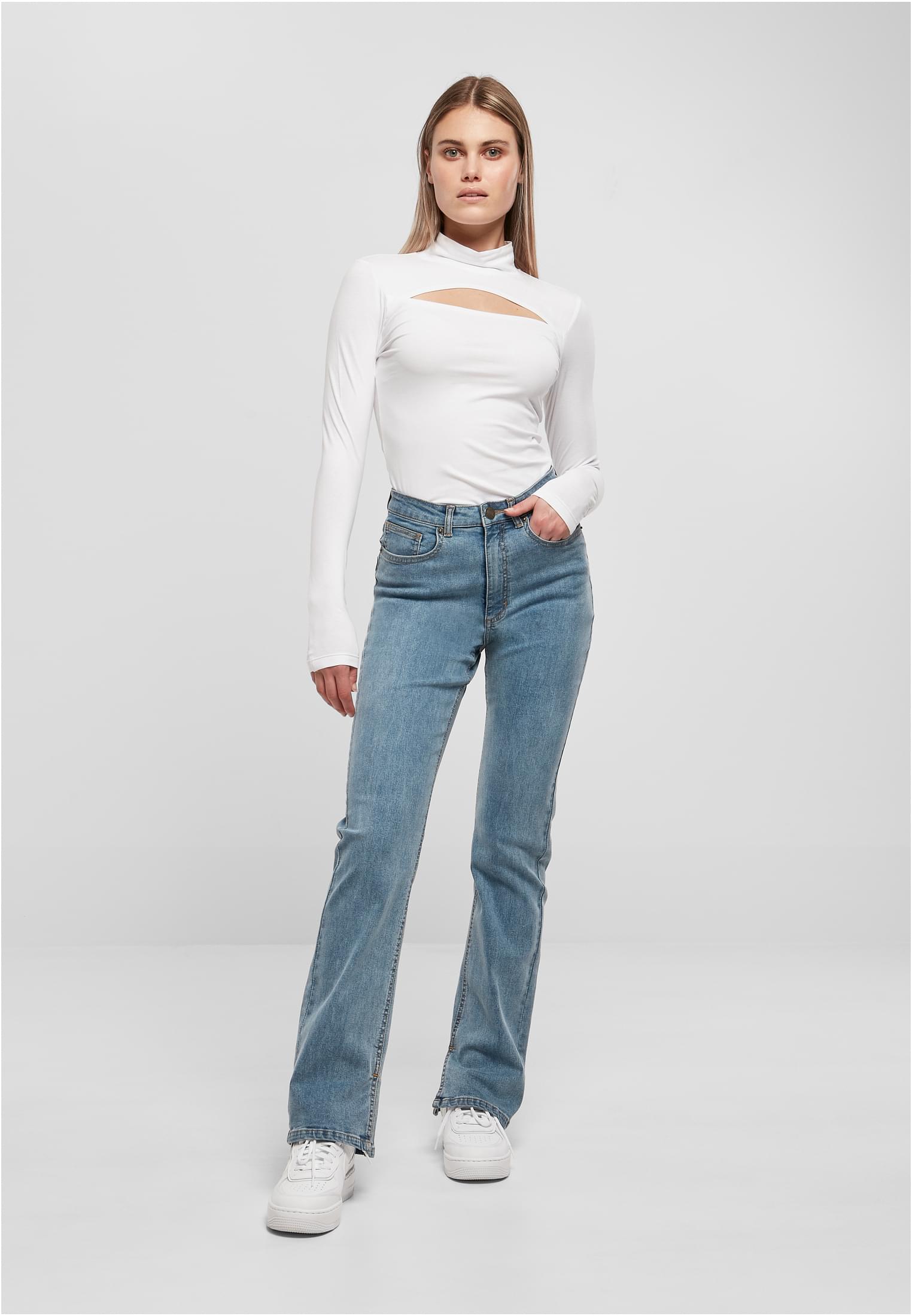 Ladies Highwaist Straight Slit Denim Pants | tinted lightblue washed