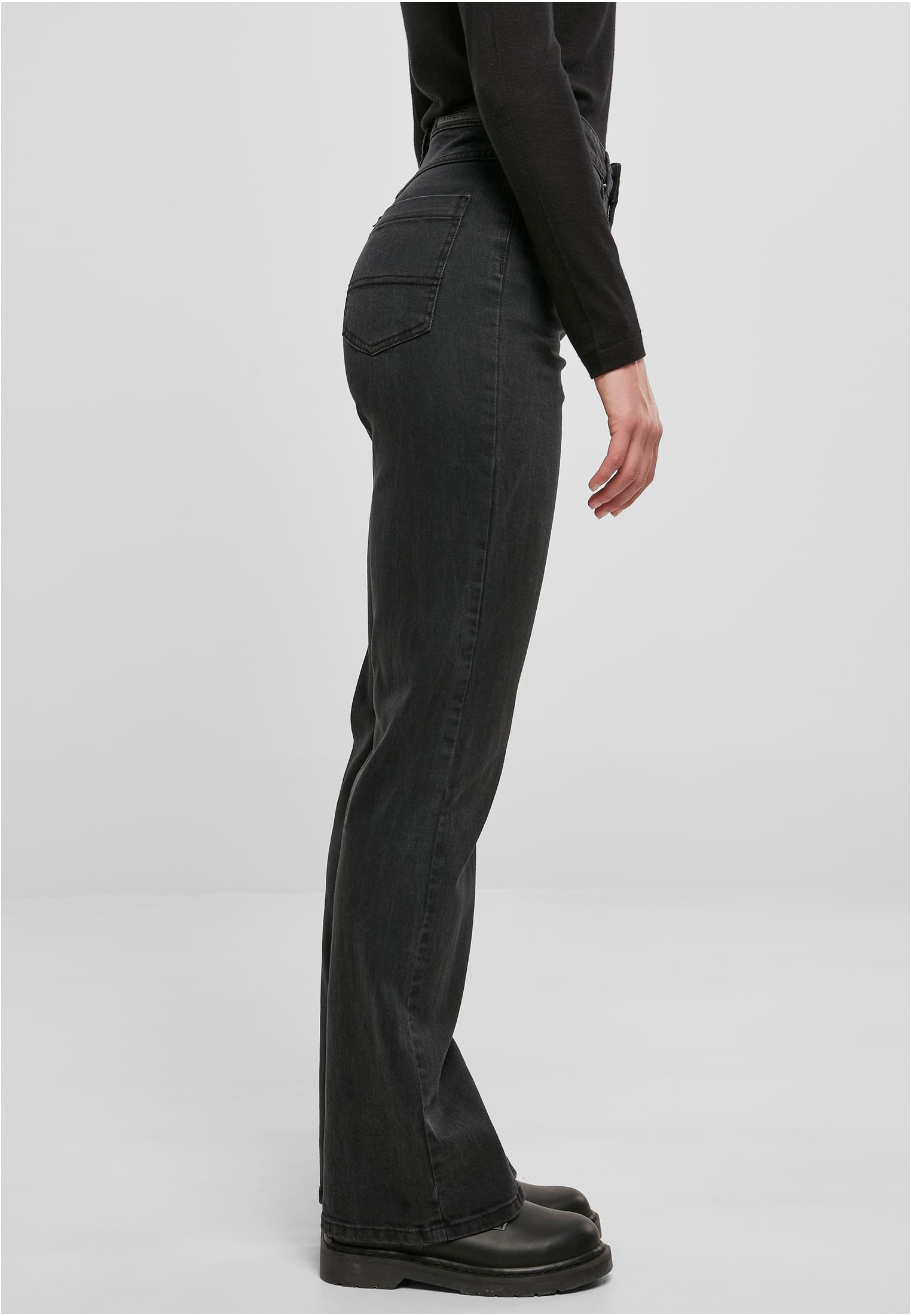 Ladies Highwaist Straight Slit Denim Pants | black washed