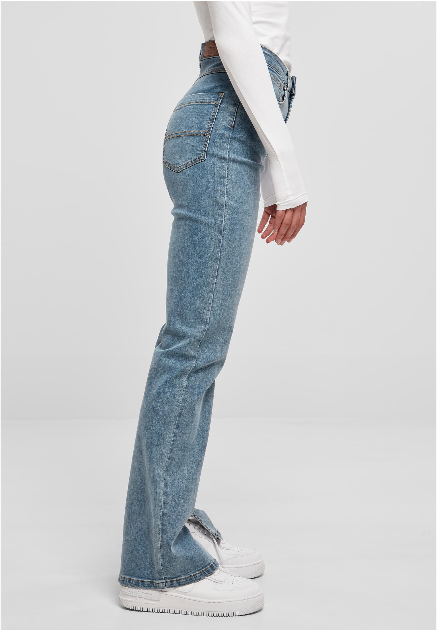 Ladies Highwaist Straight Slit Denim Pants | tinted lightblue washed