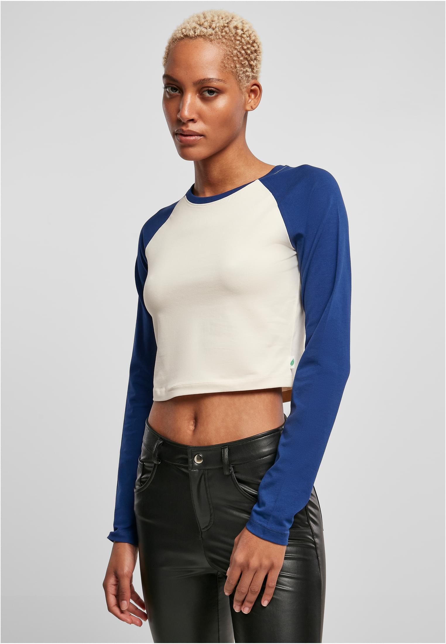 Ladies Organic Cropped Retro Baseball Longsleeve | whitesand/spaceblue