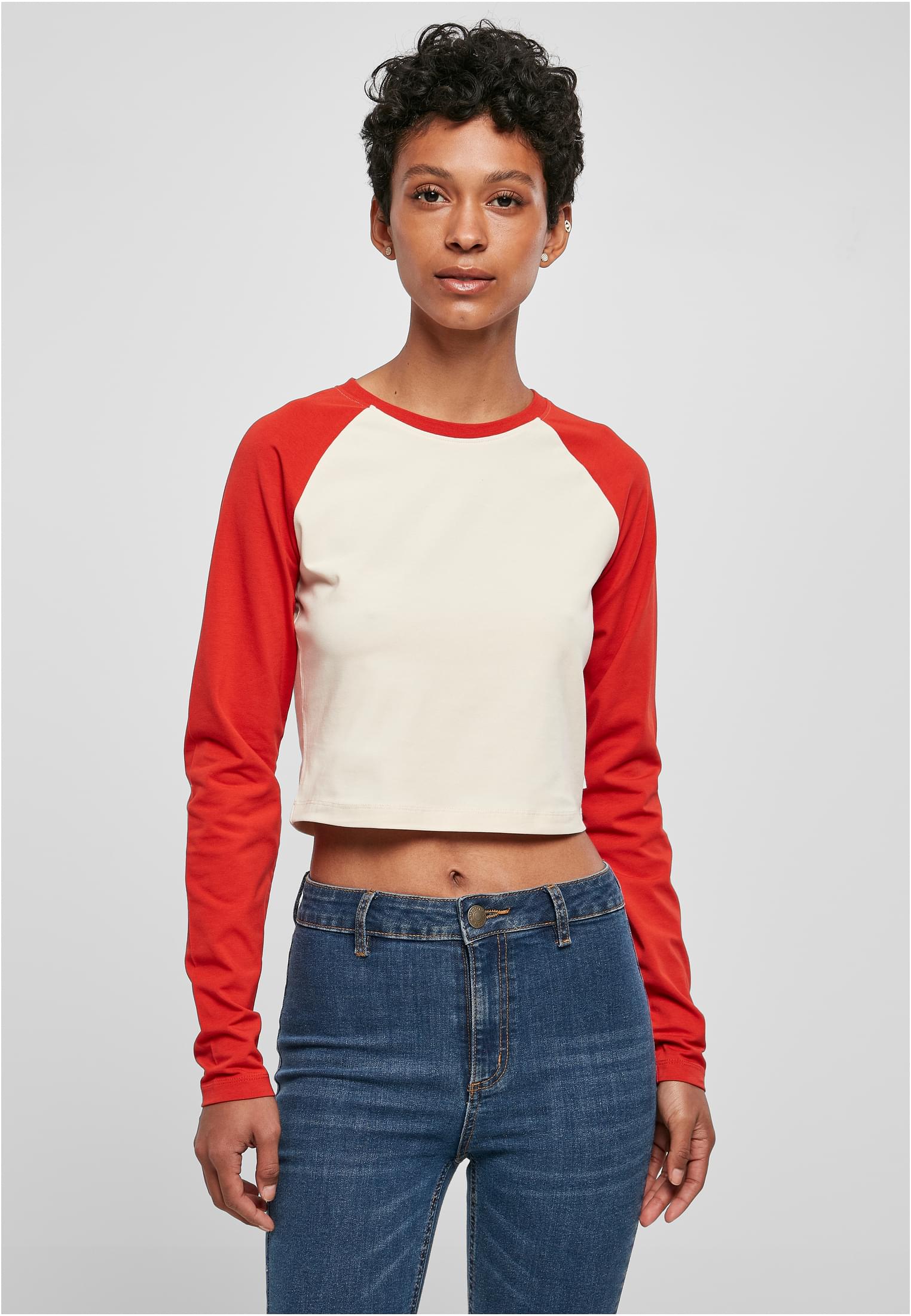 Ladies Organic Cropped Retro Baseball Longsleeve | whitesand/hugered