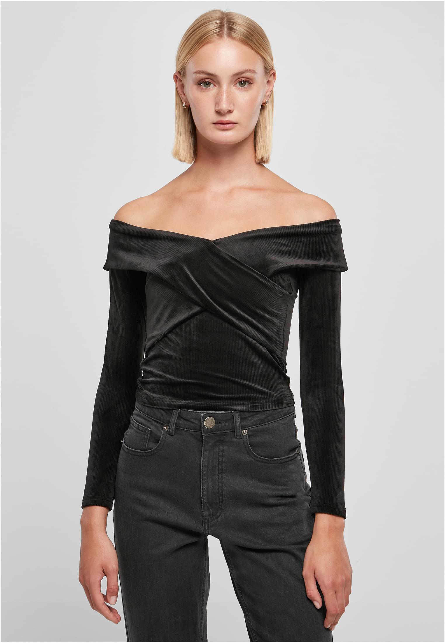 Ladies Velvet Rib Crossed Off Shoulder Longsleeve | black