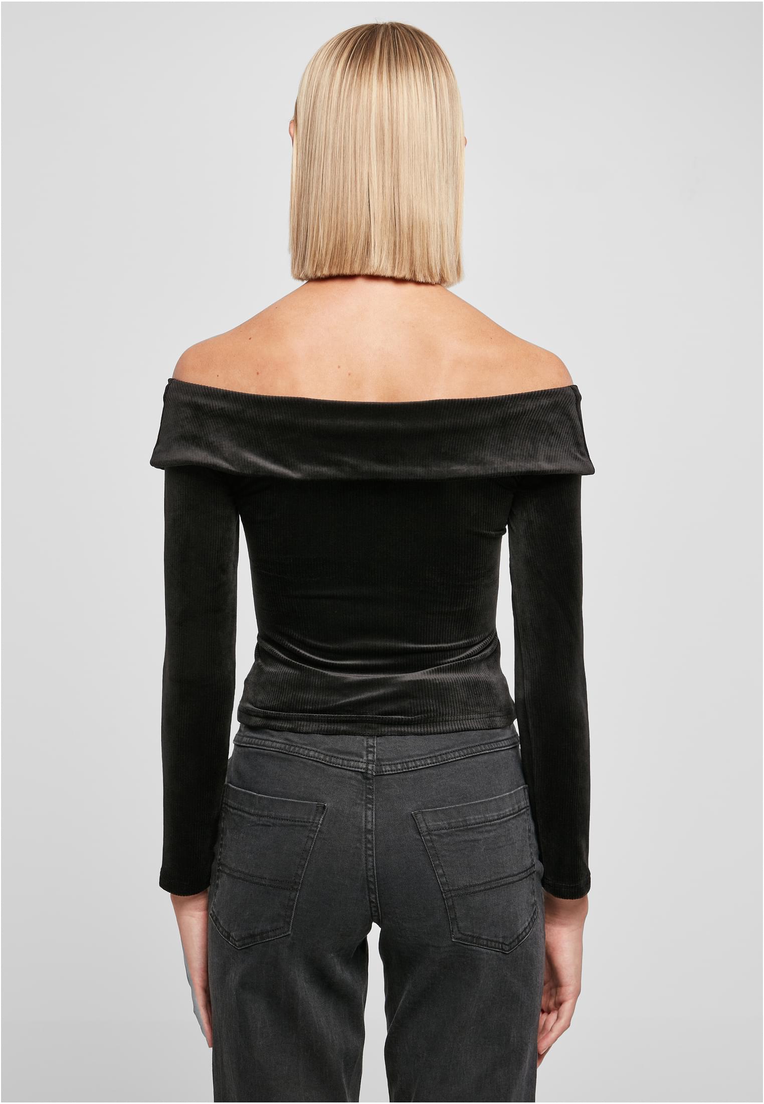 Ladies Velvet Rib Crossed Off Shoulder Longsleeve | black