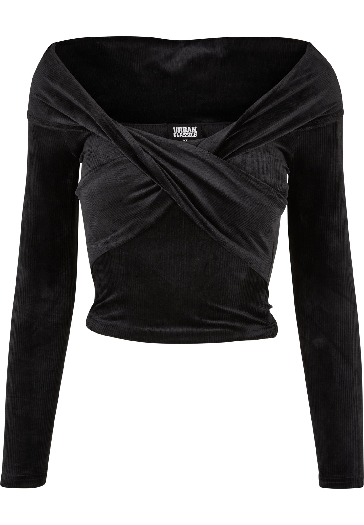 Ladies Velvet Rib Crossed Off Shoulder Longsleeve | black