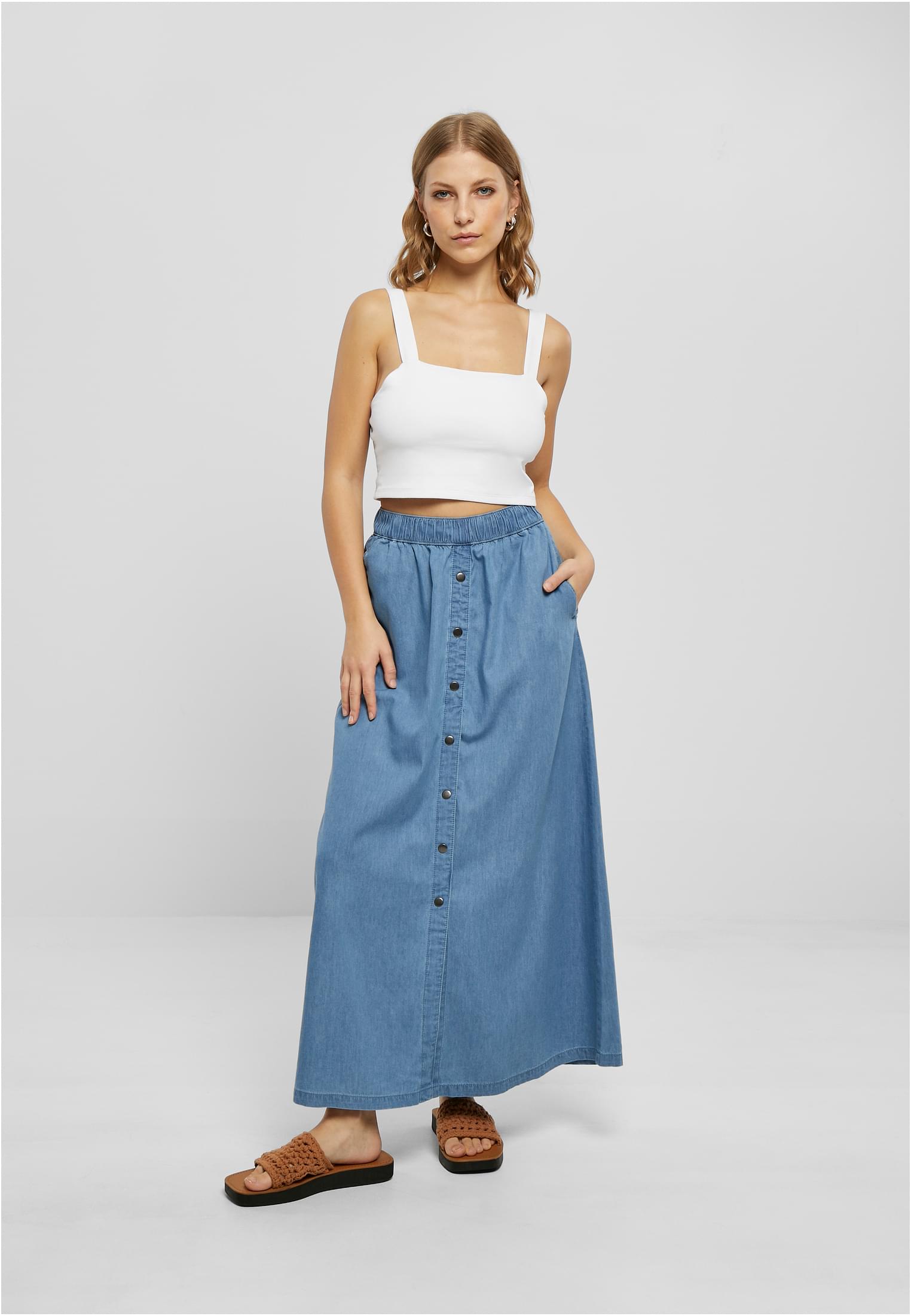 Ladies Long Wide Light Denim Skirt | skyblue washed