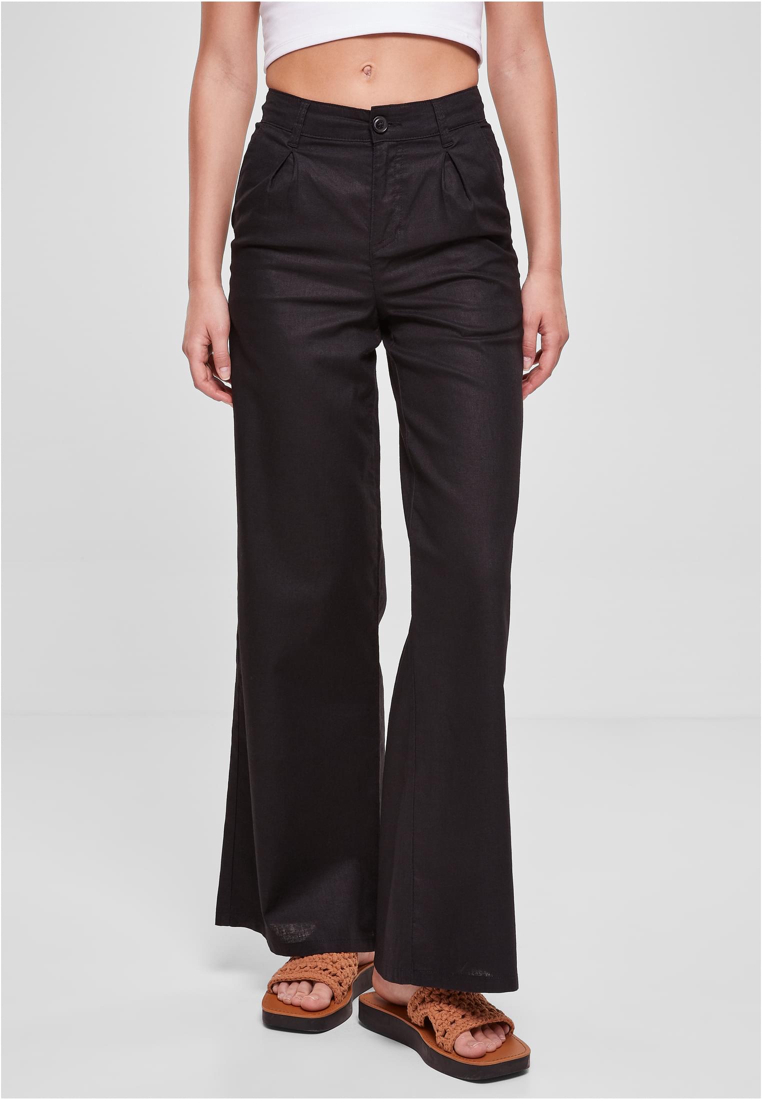 Ladies High Linen Mixed Wide Leg Pants | black