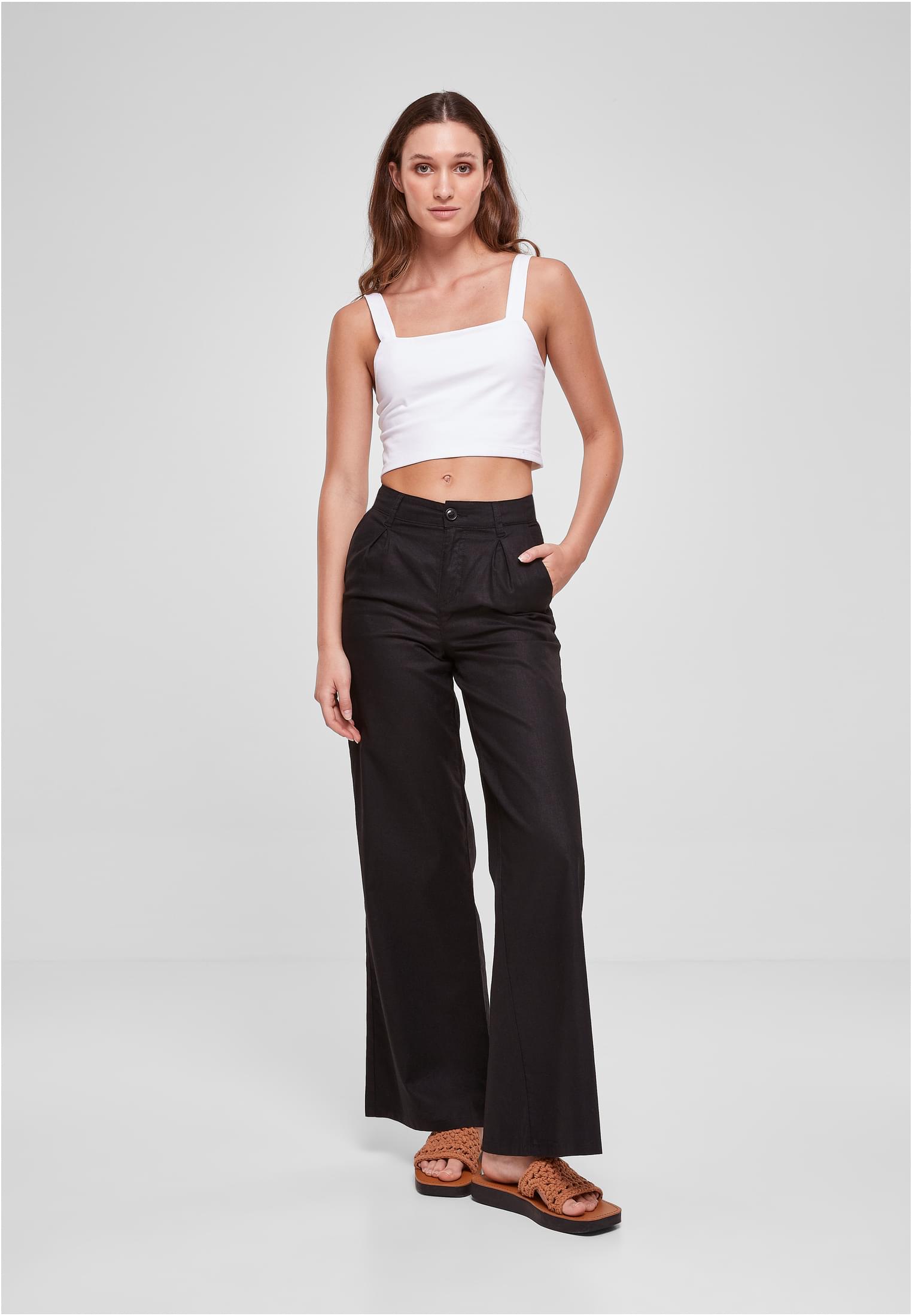 Ladies High Linen Mixed Wide Leg Pants | black