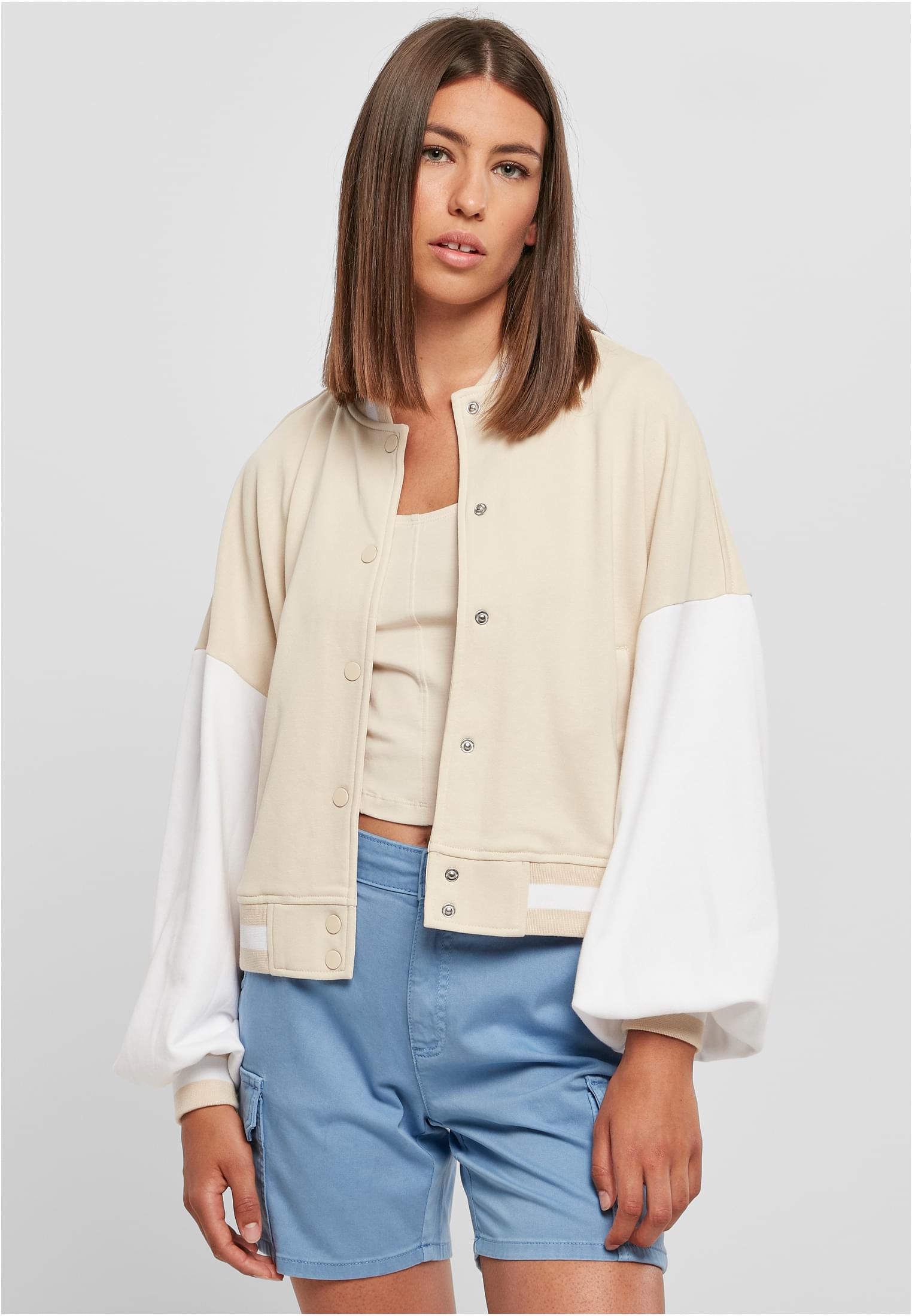 Ladies Oversized 2 Tone College Terry Jacket | softseagrass/white