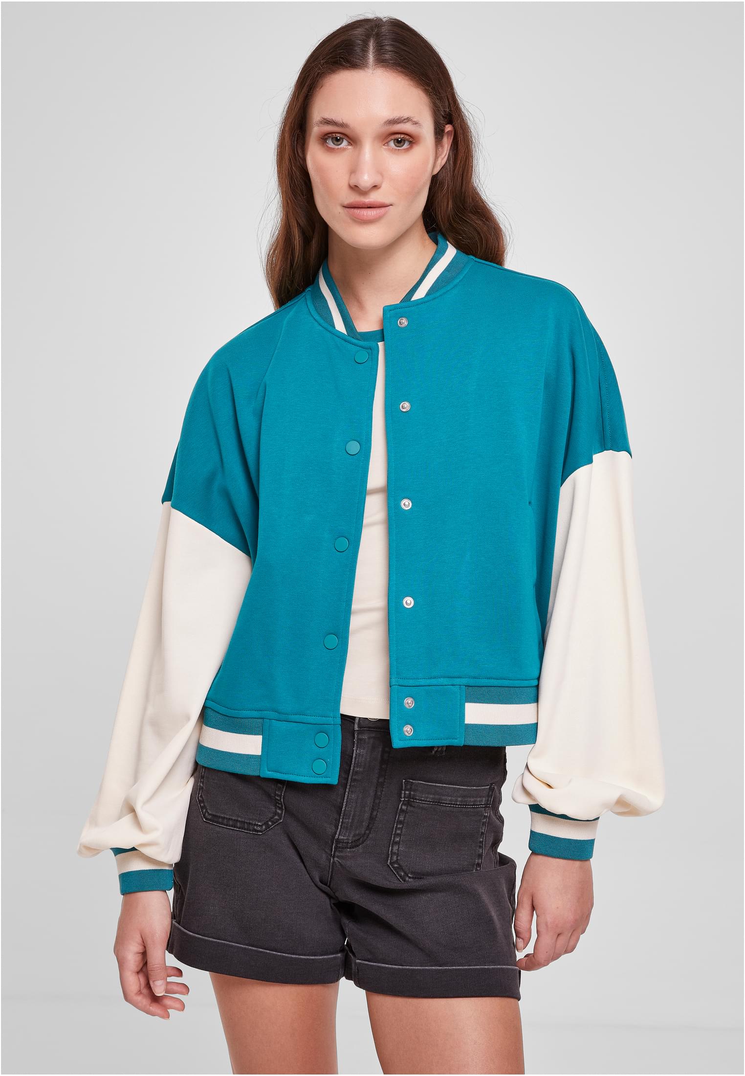 Ladies Oversized 2 Tone College Terry Jacket | watergreen/whitesand