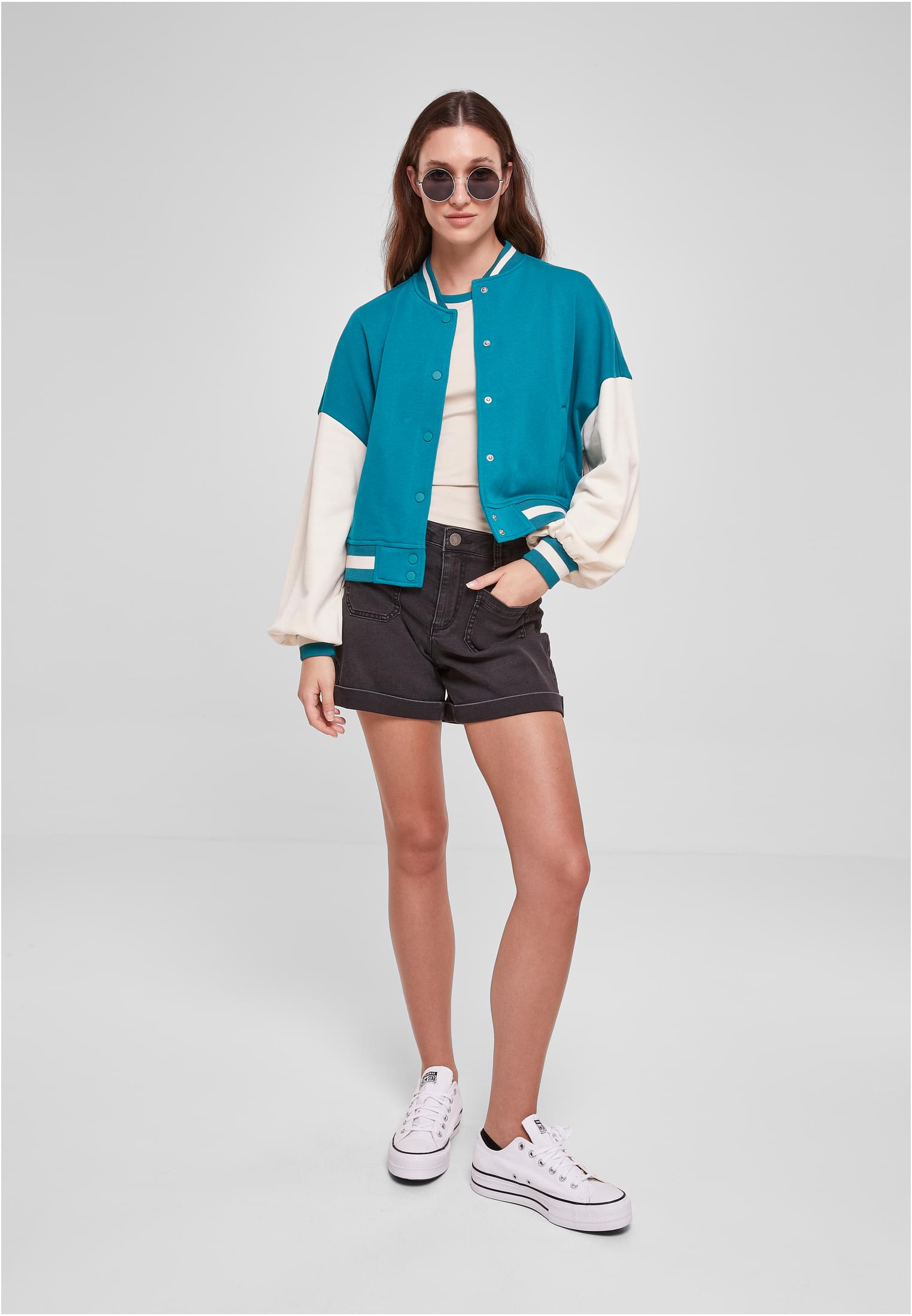 Ladies Oversized 2 Tone College Terry Jacket | watergreen/whitesand