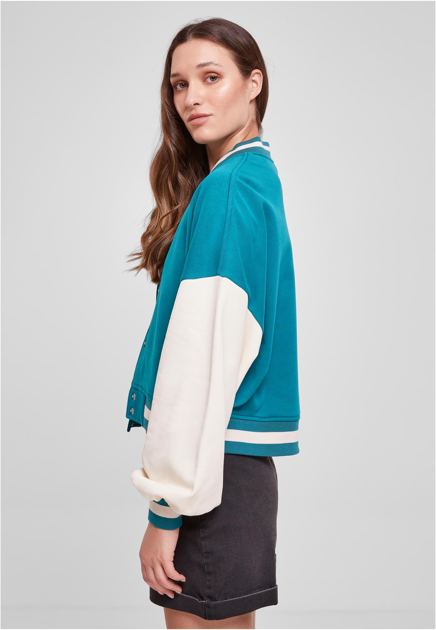 Ladies Oversized 2 Tone College Terry Jacket | watergreen/whitesand