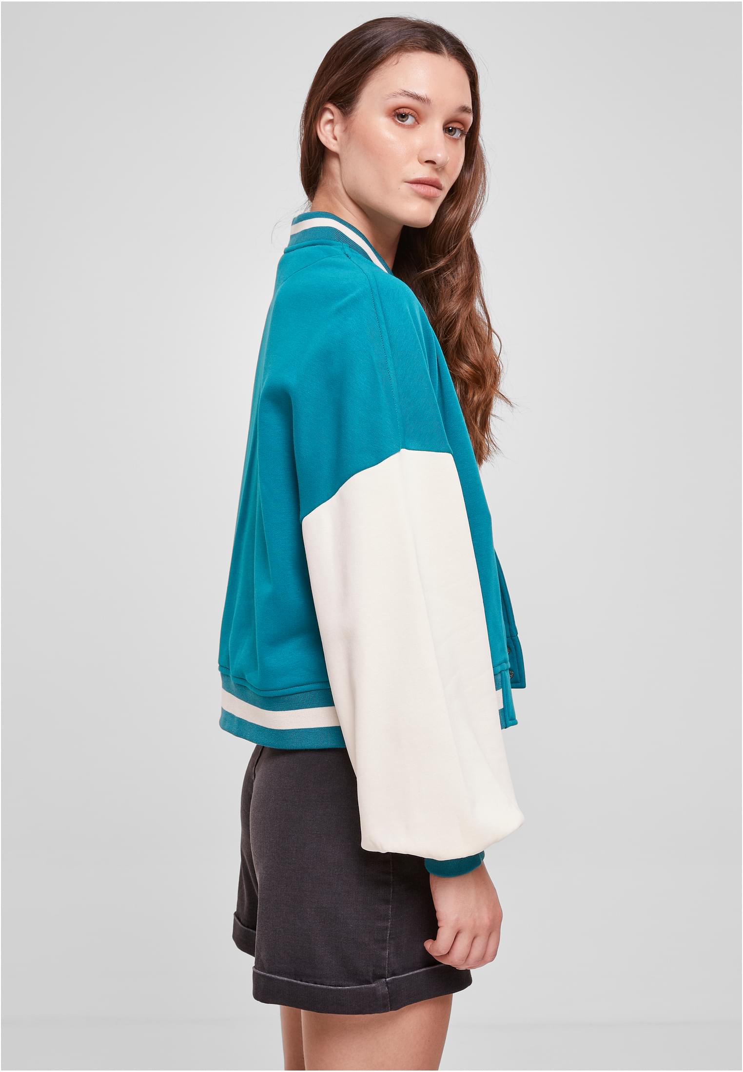 Ladies Oversized 2 Tone College Terry Jacket | watergreen/whitesand