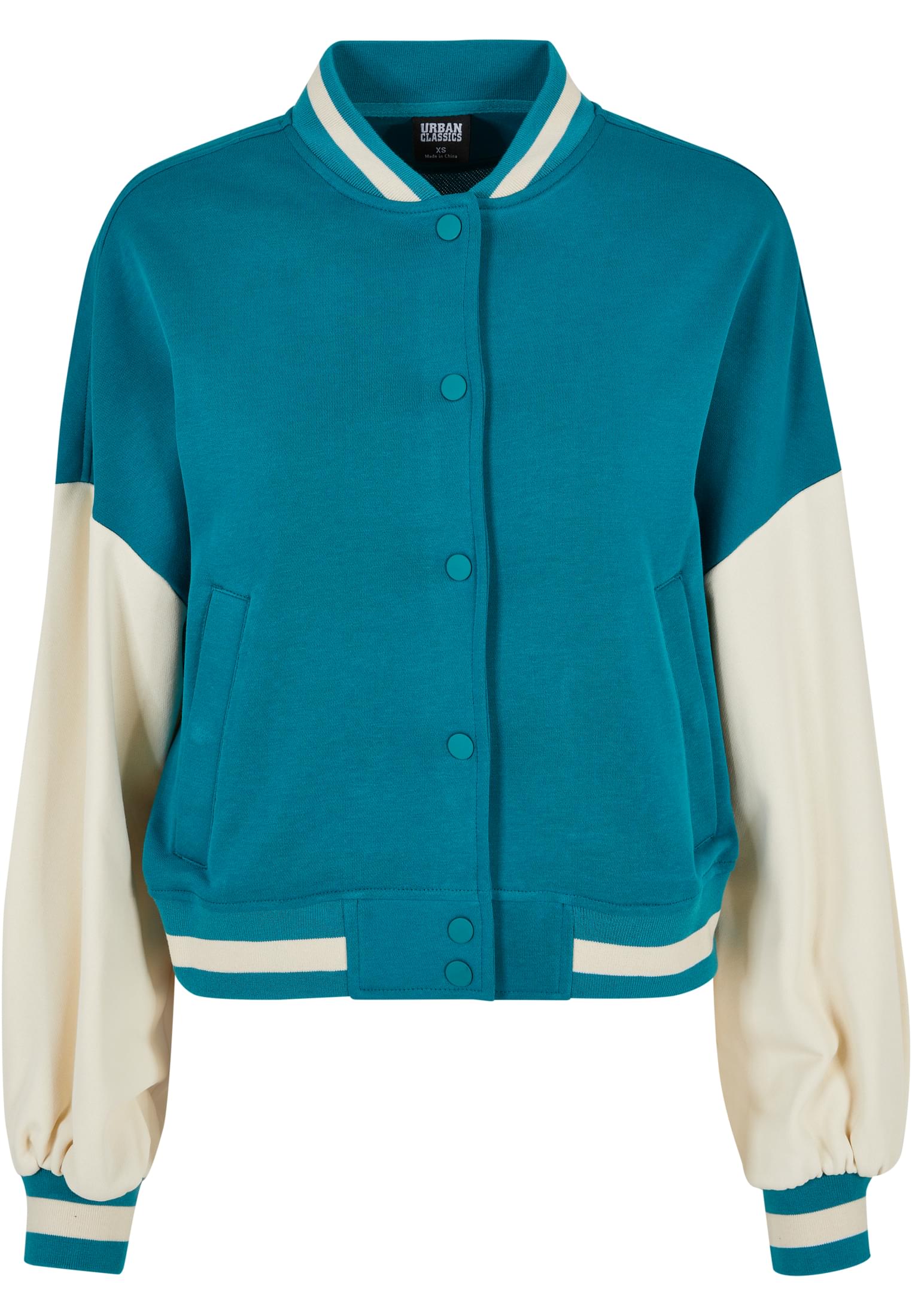 Ladies Oversized 2 Tone College Terry Jacket | watergreen/whitesand