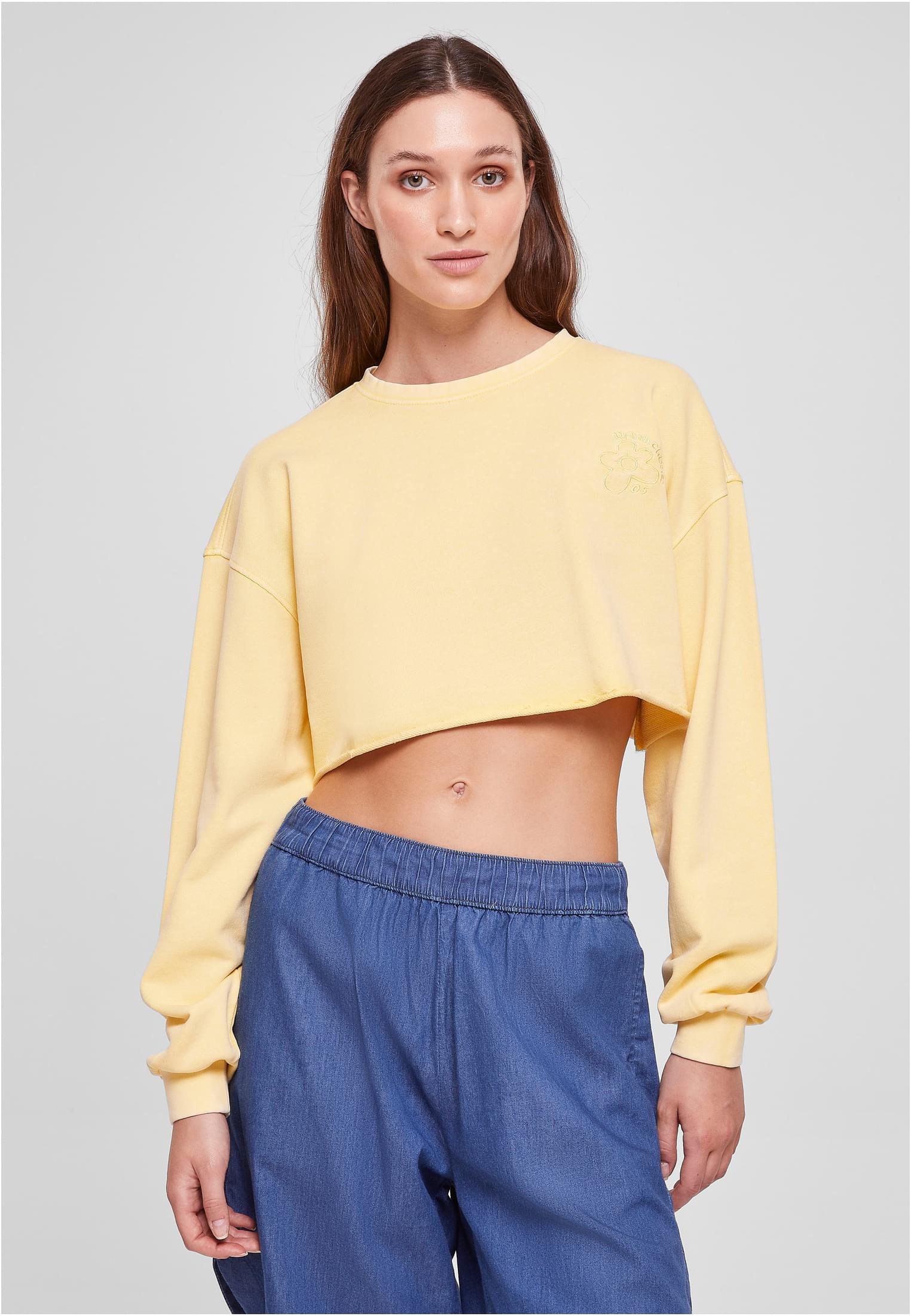 Ladies Cropped Flower Embroidery Terry Crewneck | vintagesun