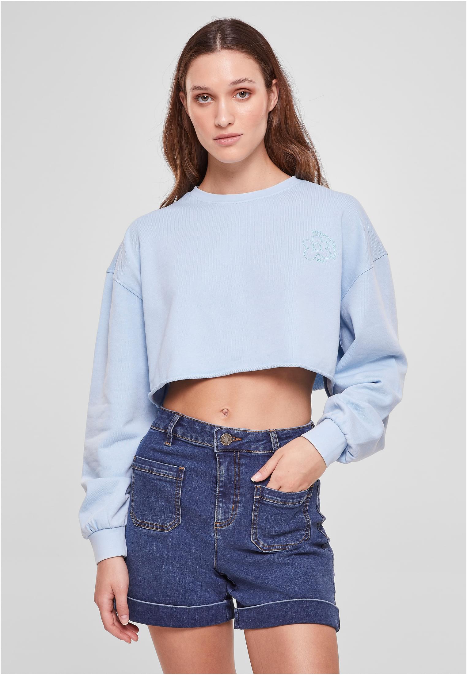 Ladies Cropped Flower Embroidery Terry Crewneck | balticblue