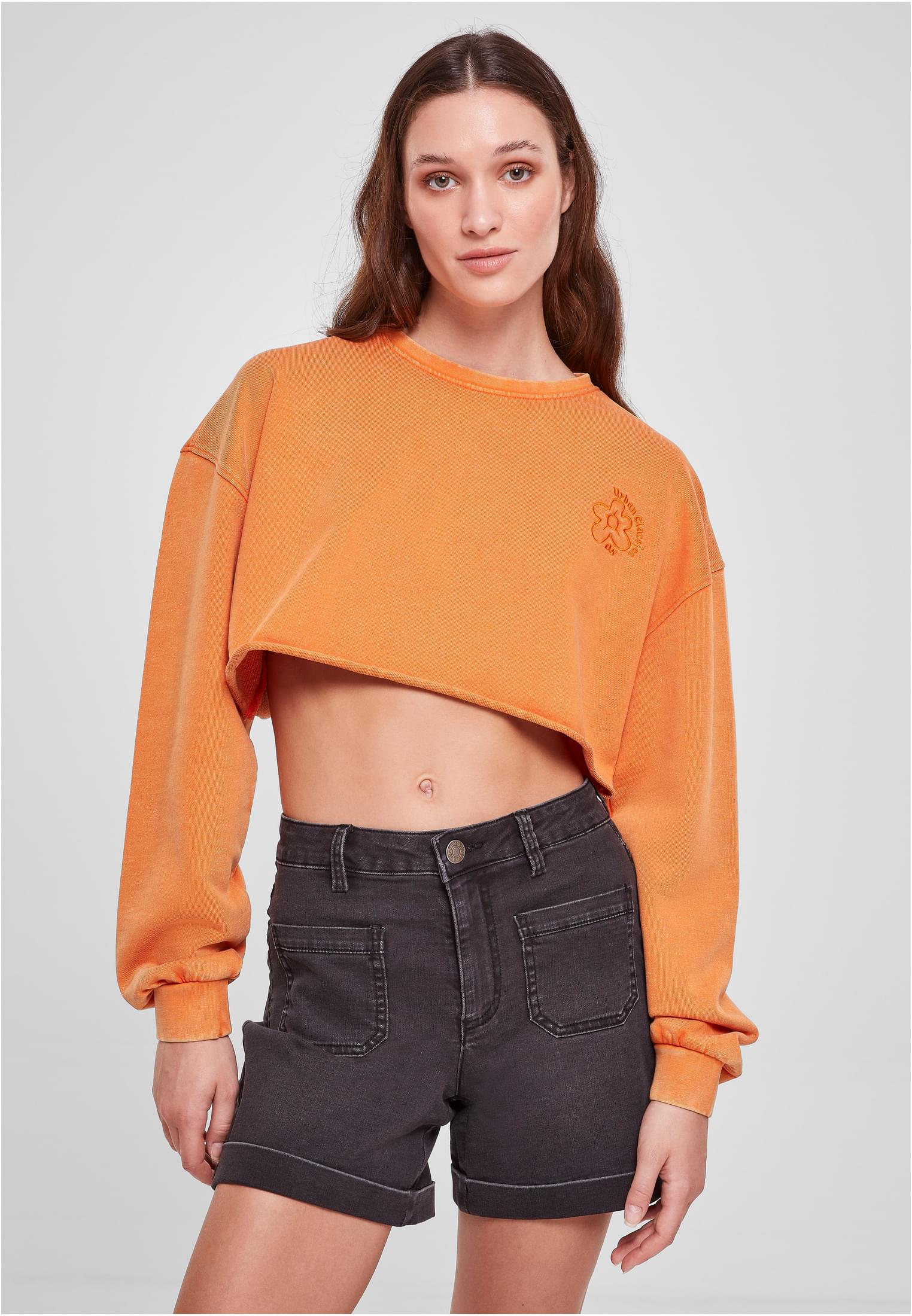 Ladies Cropped Flower Embroidery Terry Crewneck | vintageorange