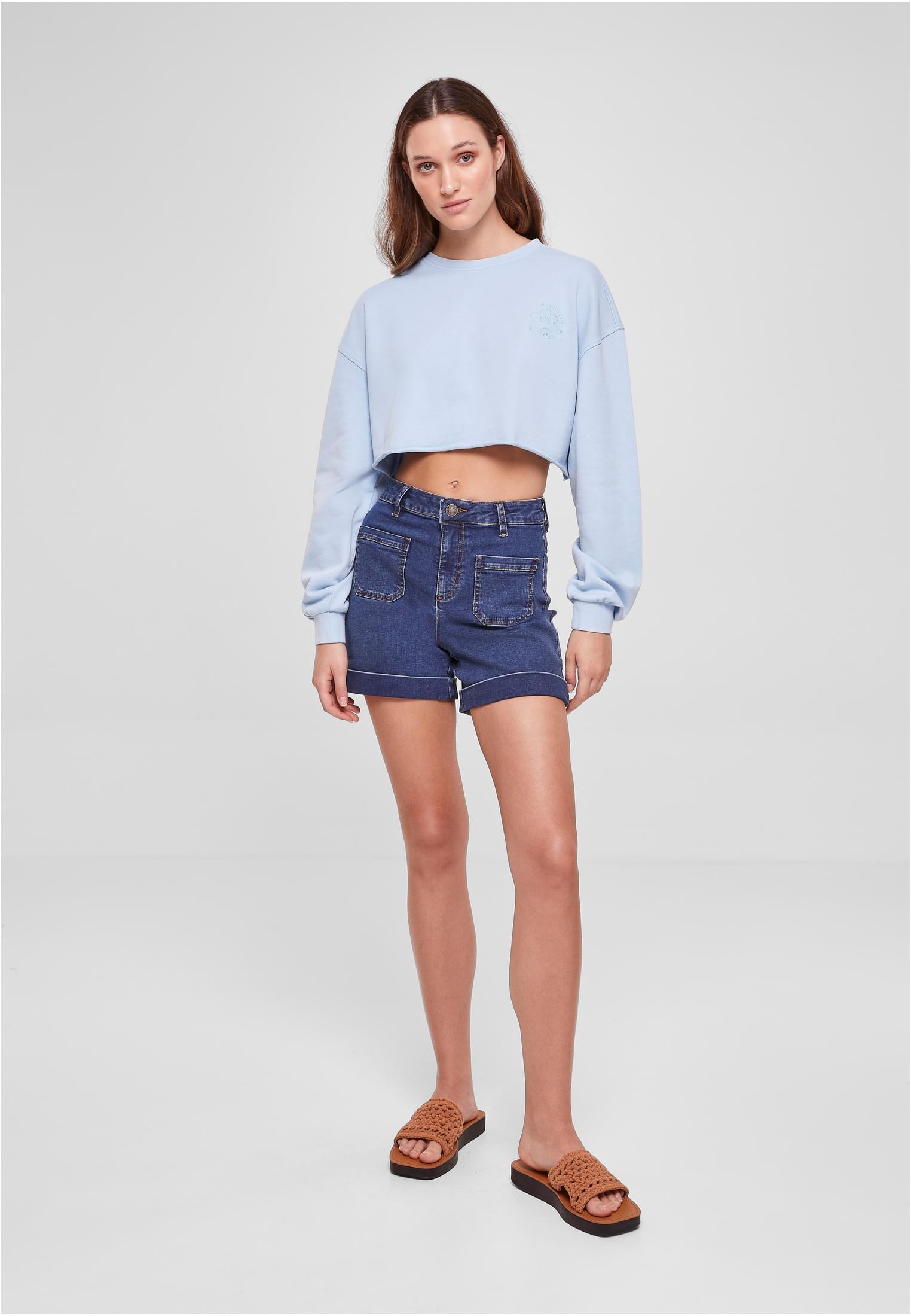 Ladies Cropped Flower Embroidery Terry Crewneck | balticblue