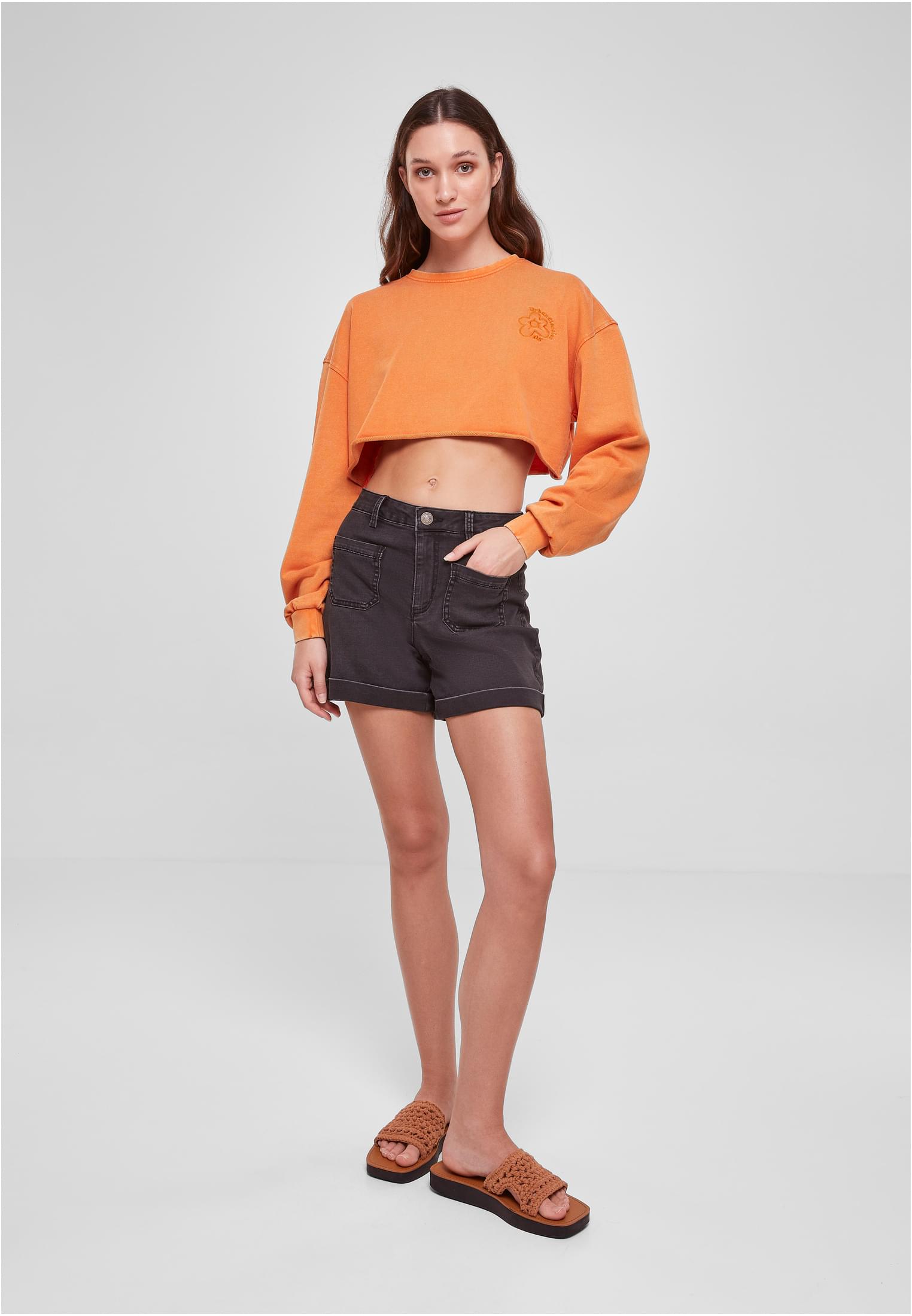 Ladies Cropped Flower Embroidery Terry Crewneck | vintageorange