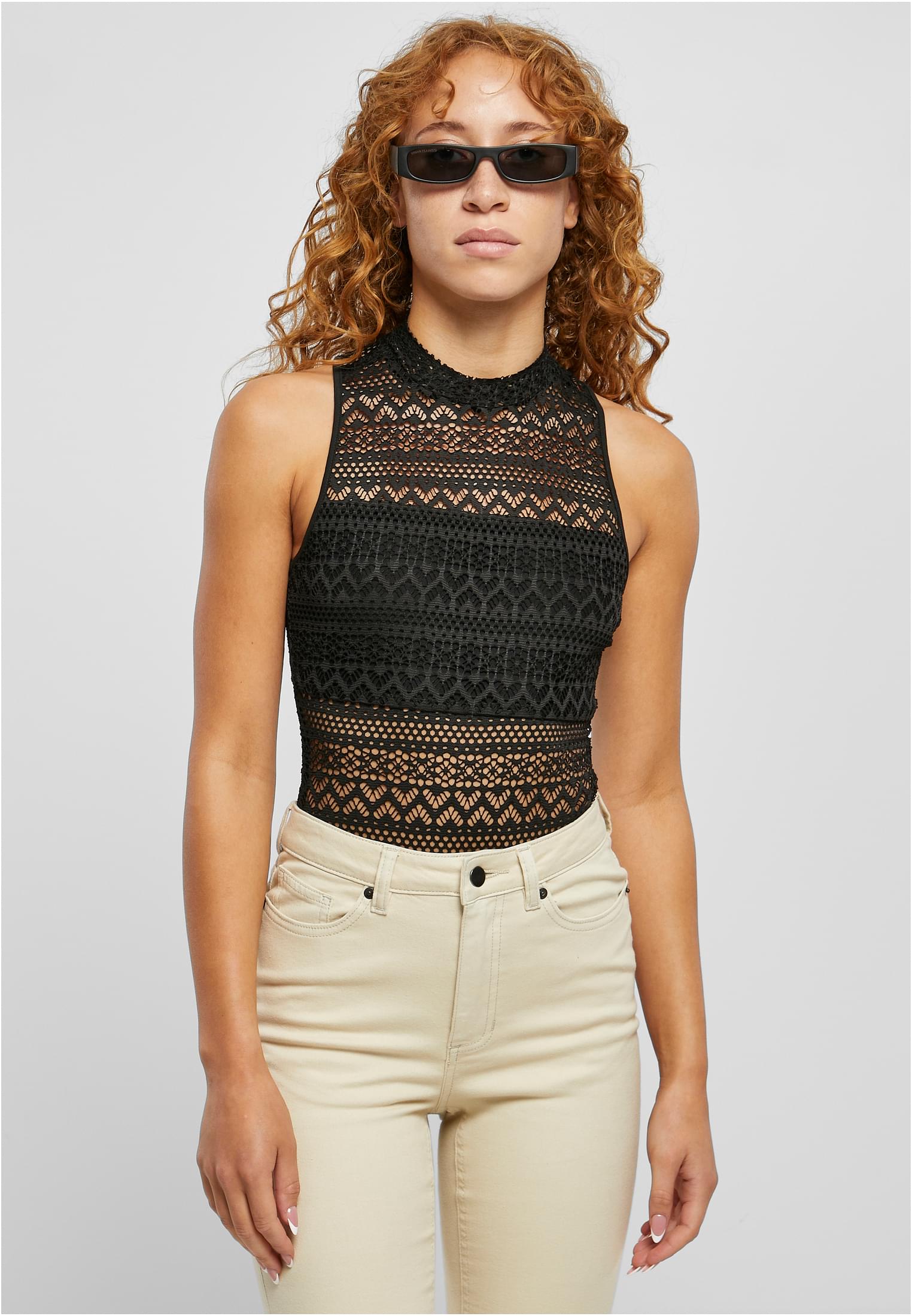 Ladies Crochet Jersey Turtleneck Body | black