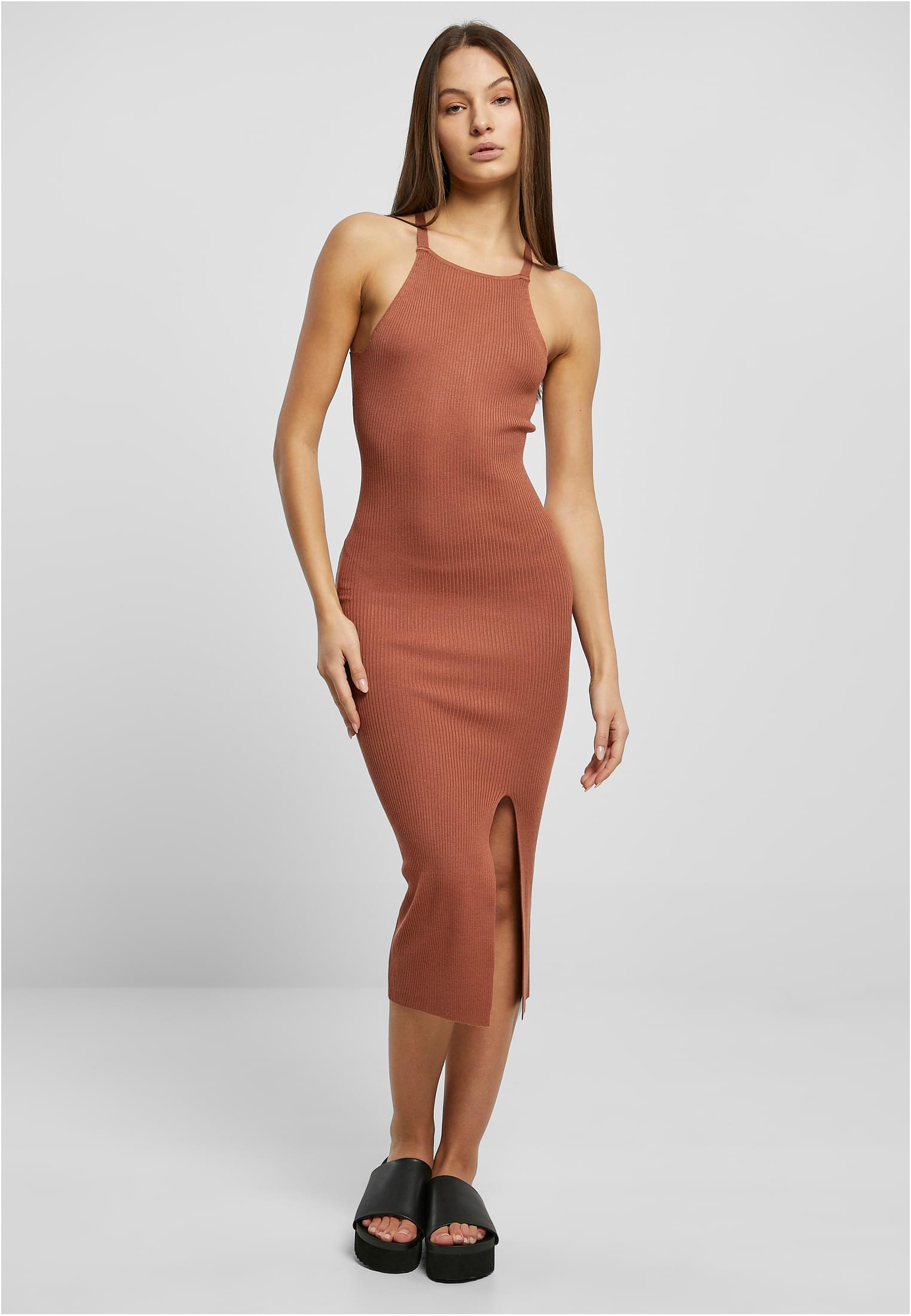 Ladies Midi Rib Knit Crossed Back Dress | terracotta