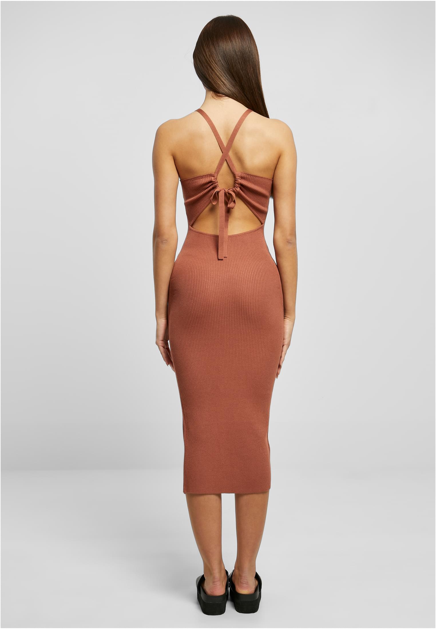 Ladies Midi Rib Knit Crossed Back Dress | terracotta