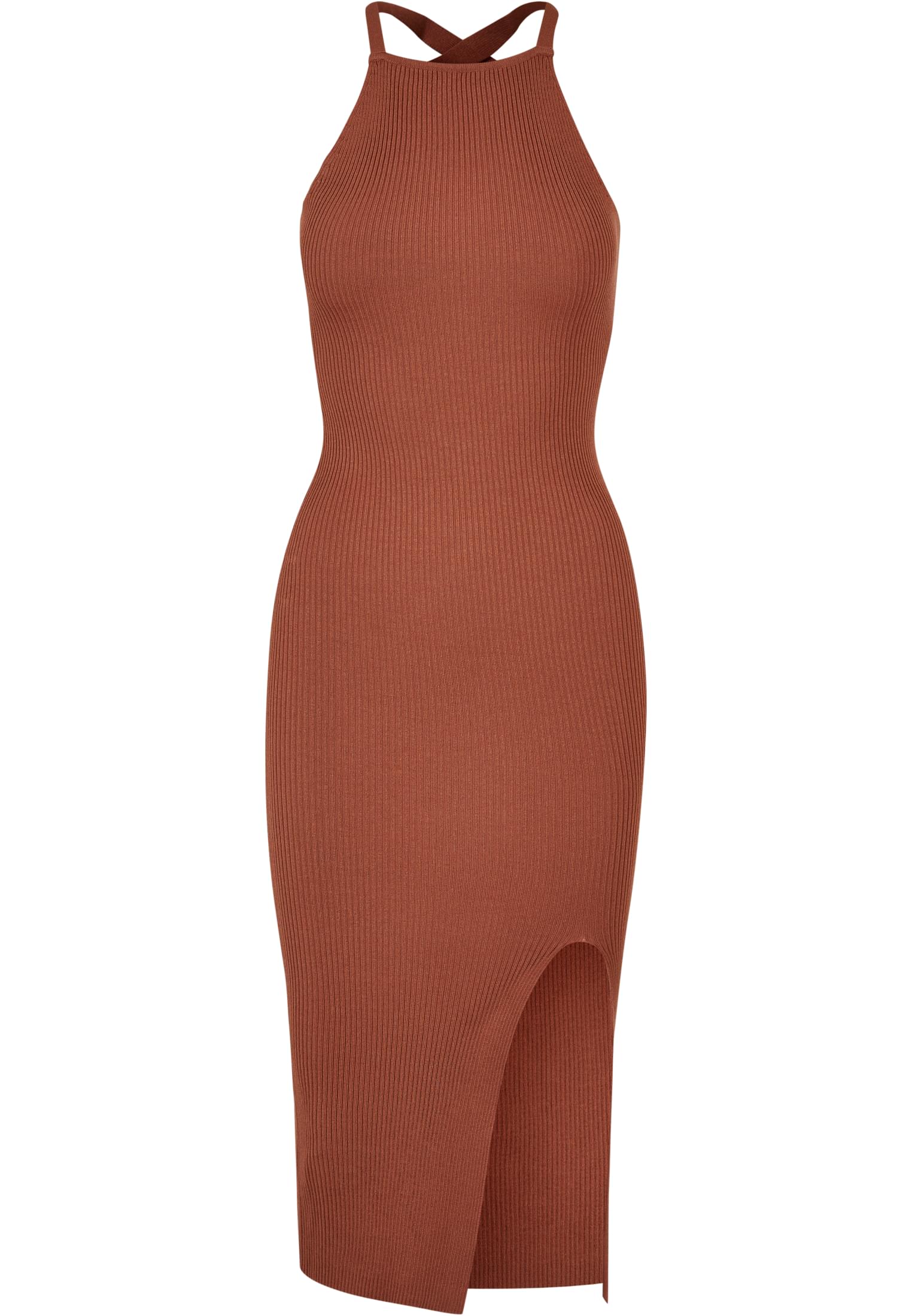 Ladies Midi Rib Knit Crossed Back Dress | terracotta