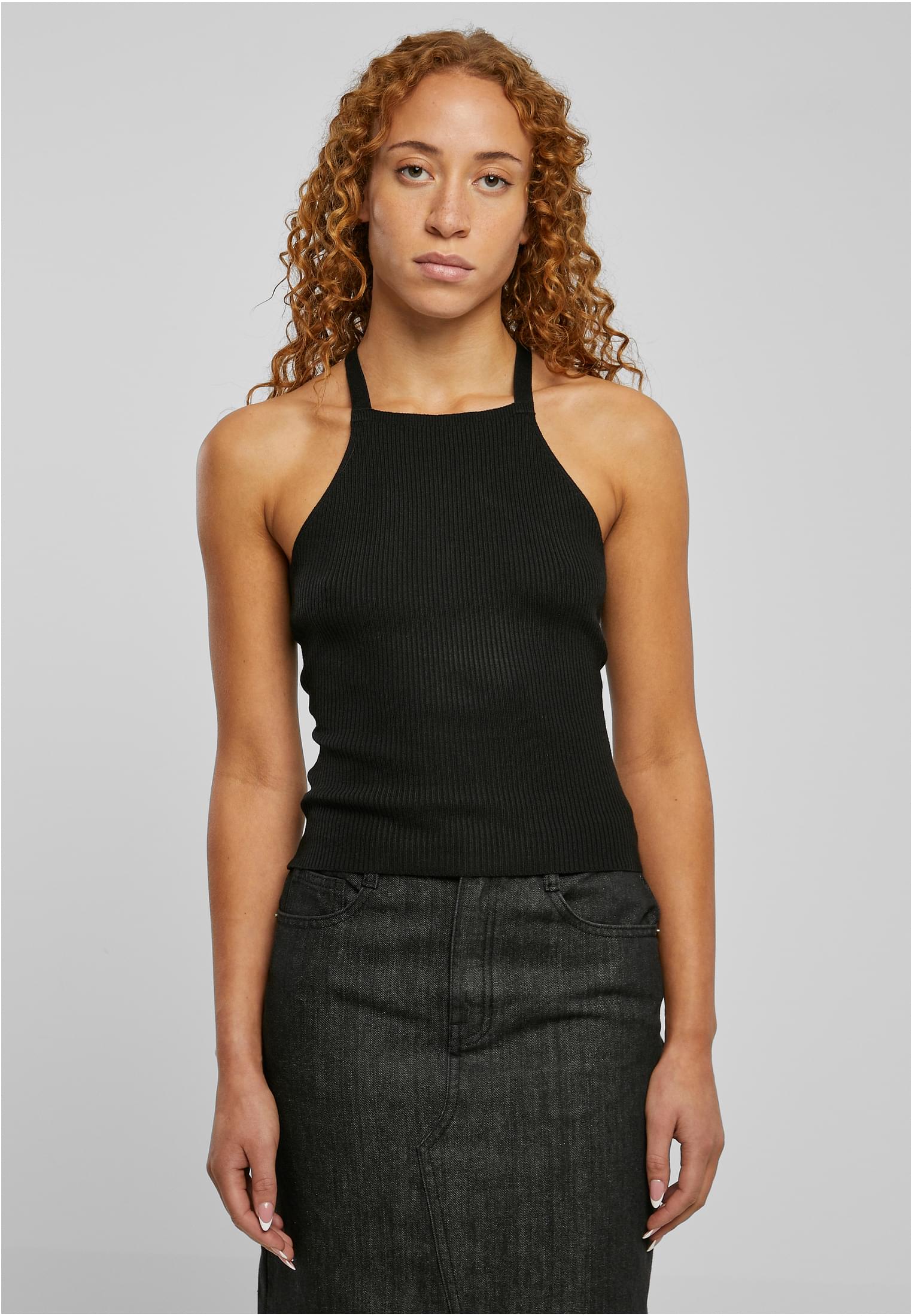 Ladies Rib Knit Crossed Back Top | black