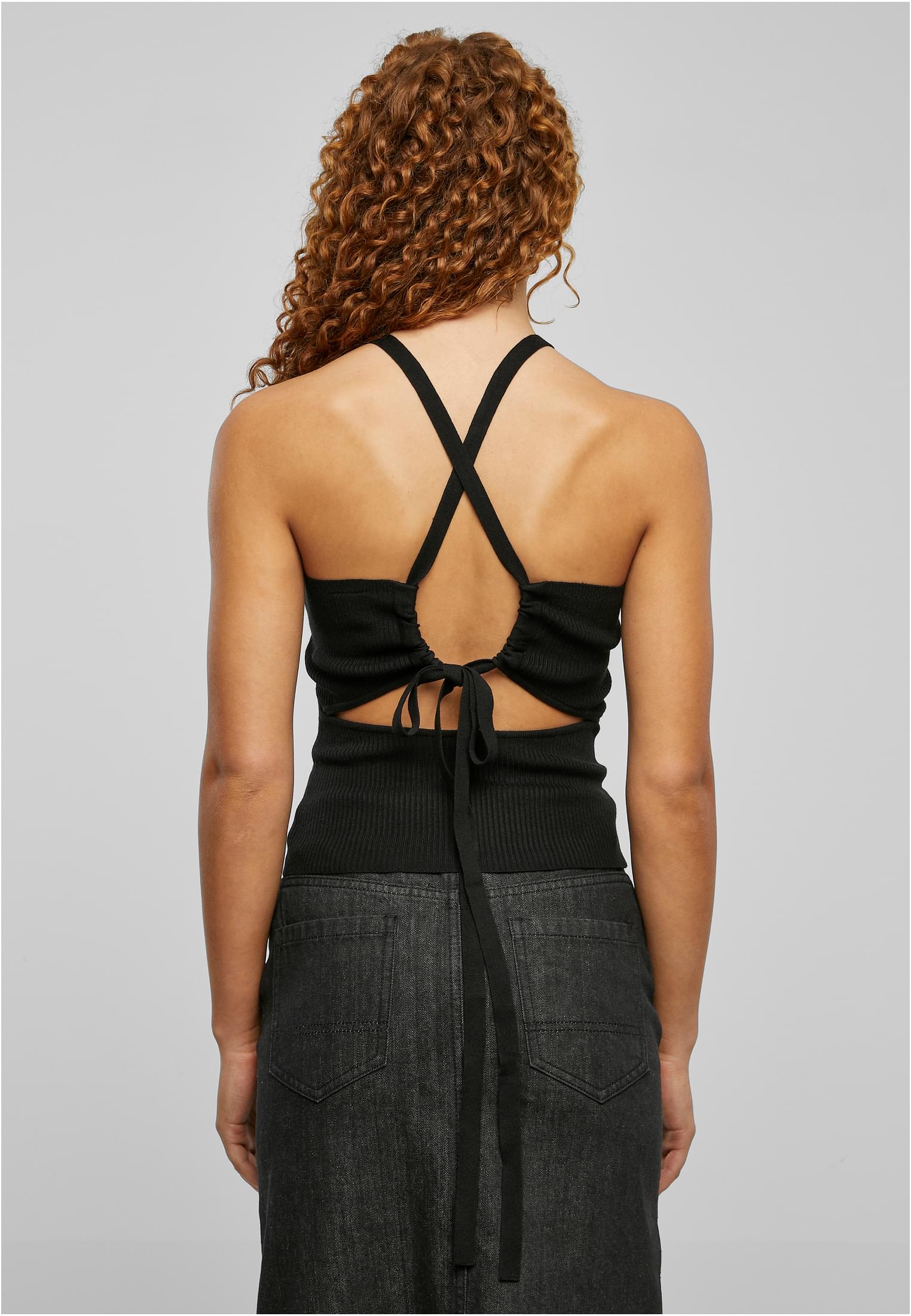 Ladies Rib Knit Crossed Back Top | black