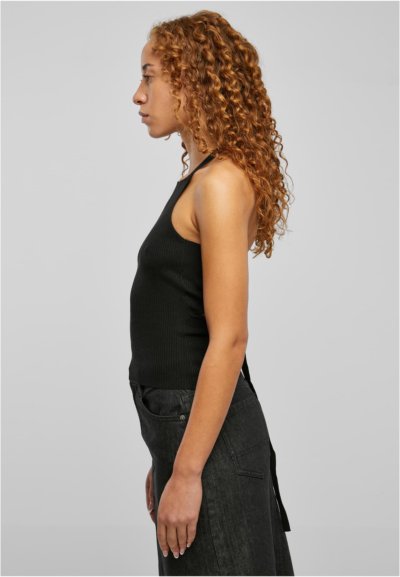 Ladies Rib Knit Crossed Back Top | black