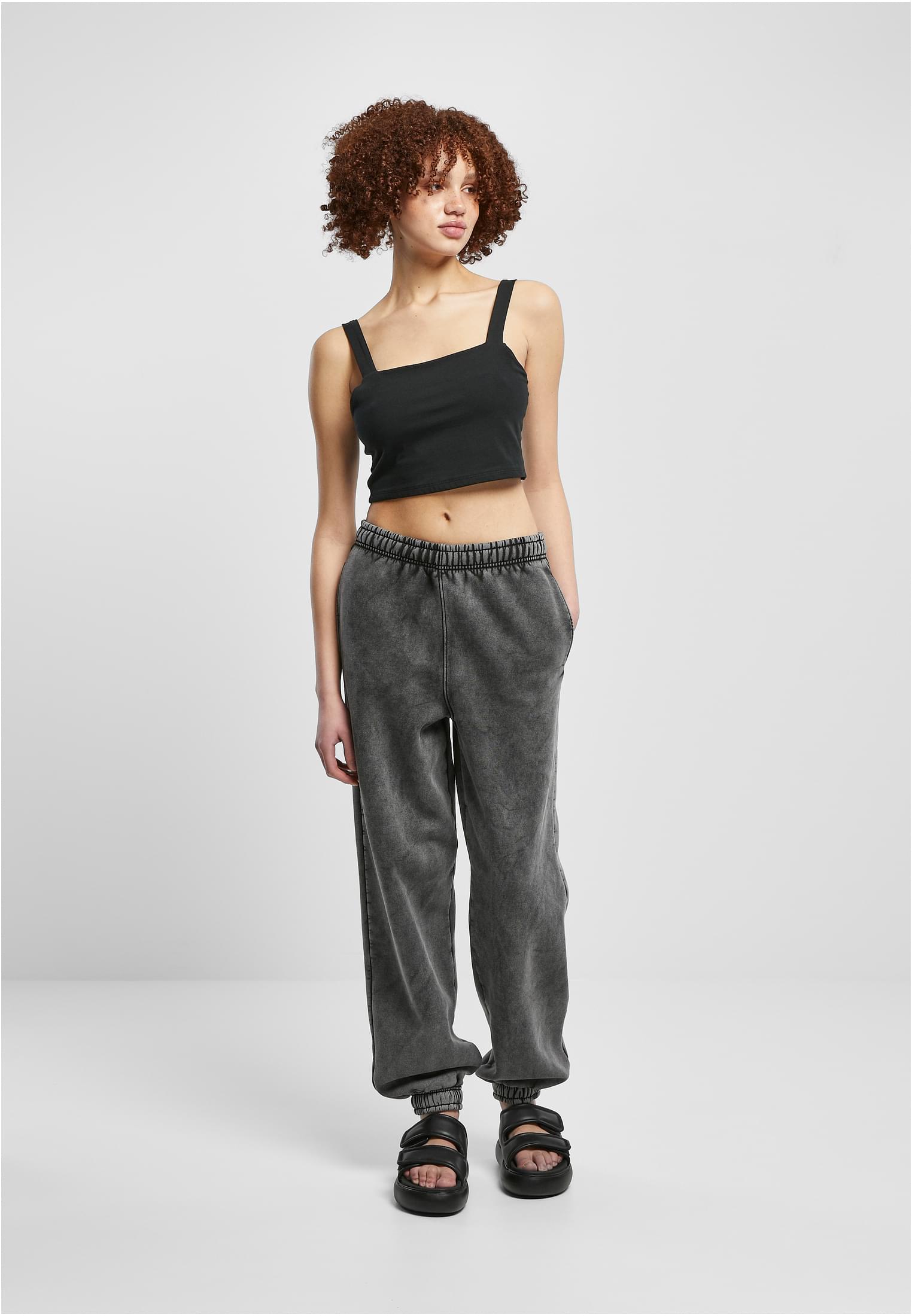 Ladies High Waist Stone Washed Sweat Pants | black