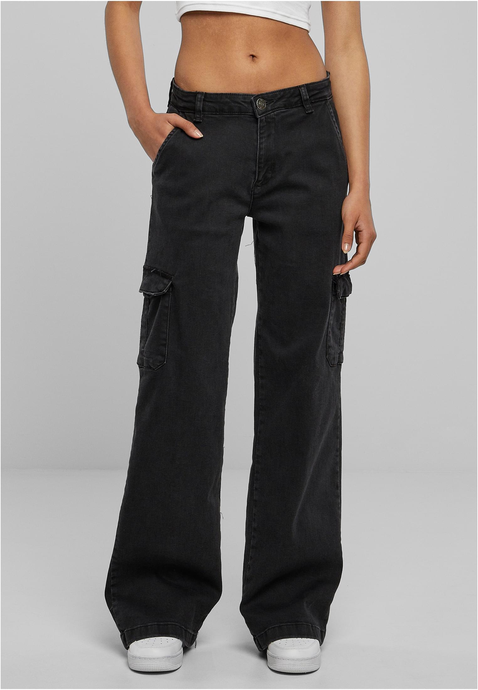 Ladies High Waist Straight Denim Cargo Pants | black washed