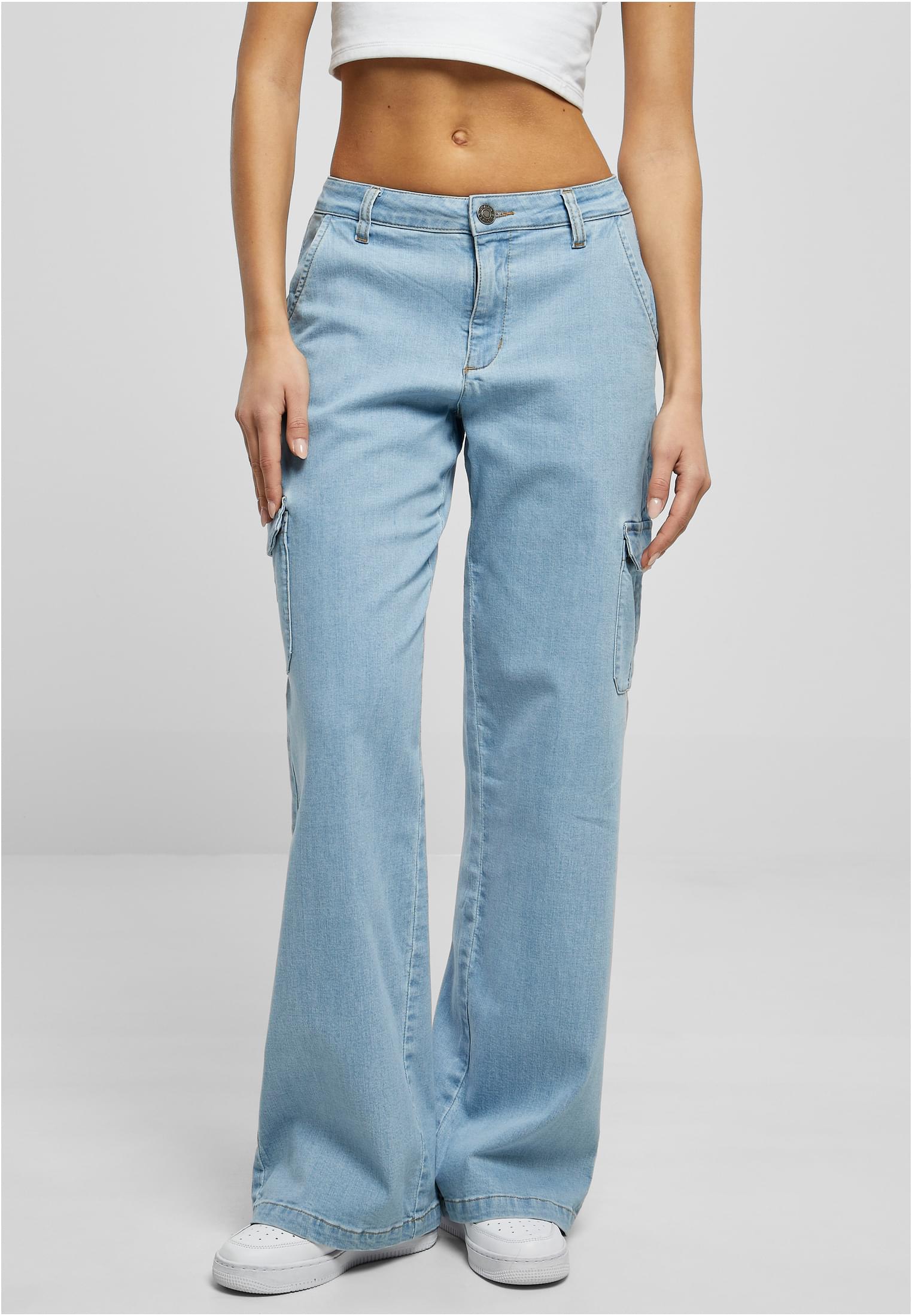 Ladies High Waist Straight Denim Cargo Pants | lighter washed