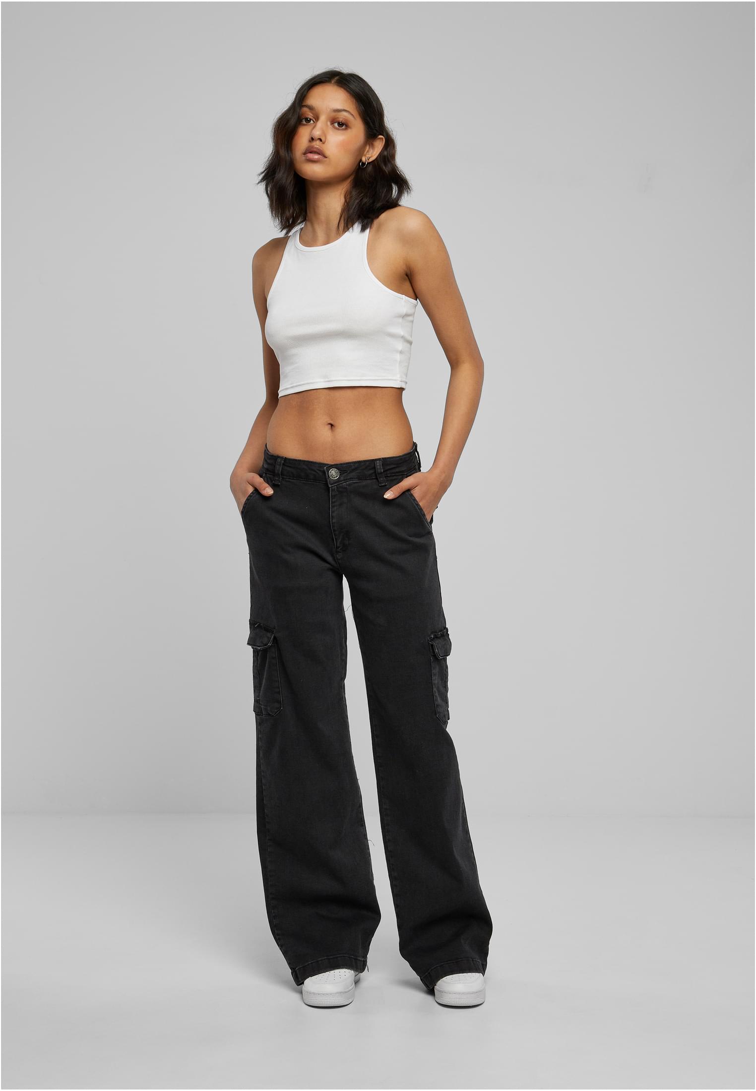 Ladies High Waist Straight Denim Cargo Pants | black washed