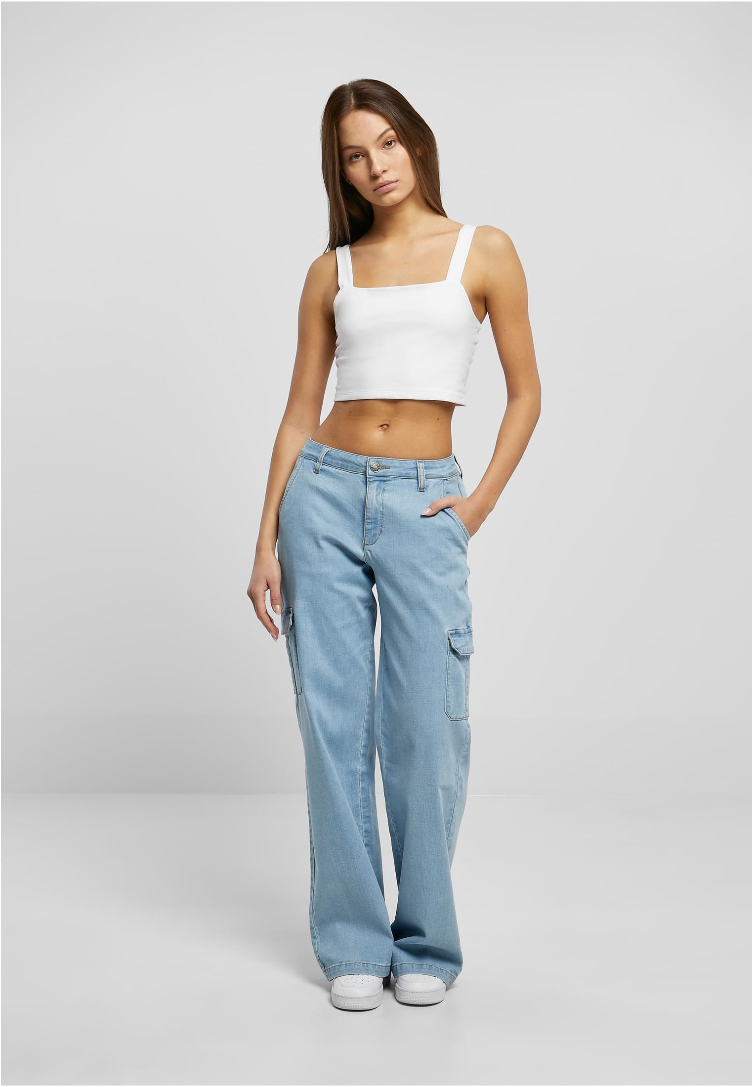 Ladies High Waist Straight Denim Cargo Pants | lighter washed