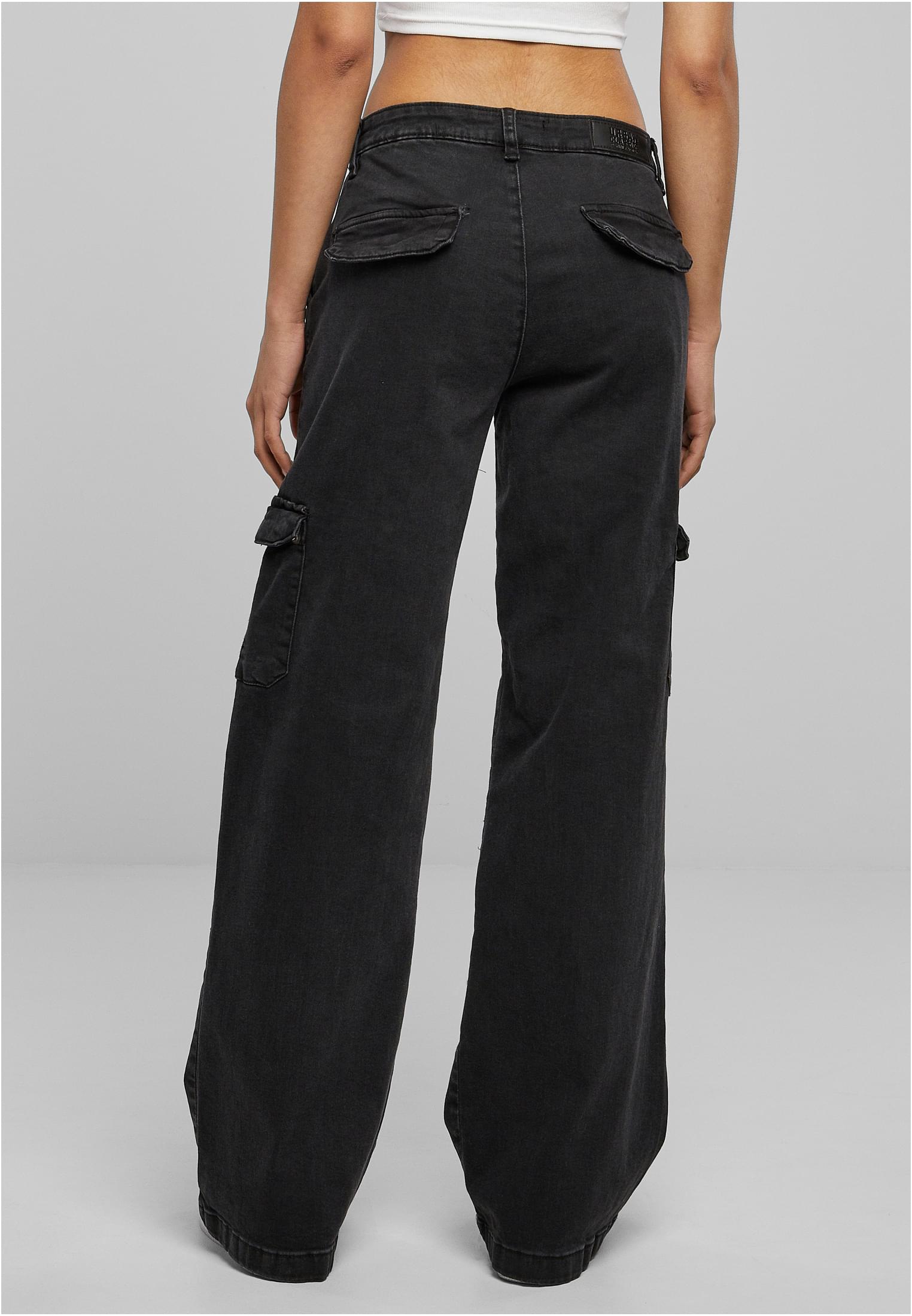 Ladies High Waist Straight Denim Cargo Pants | black washed