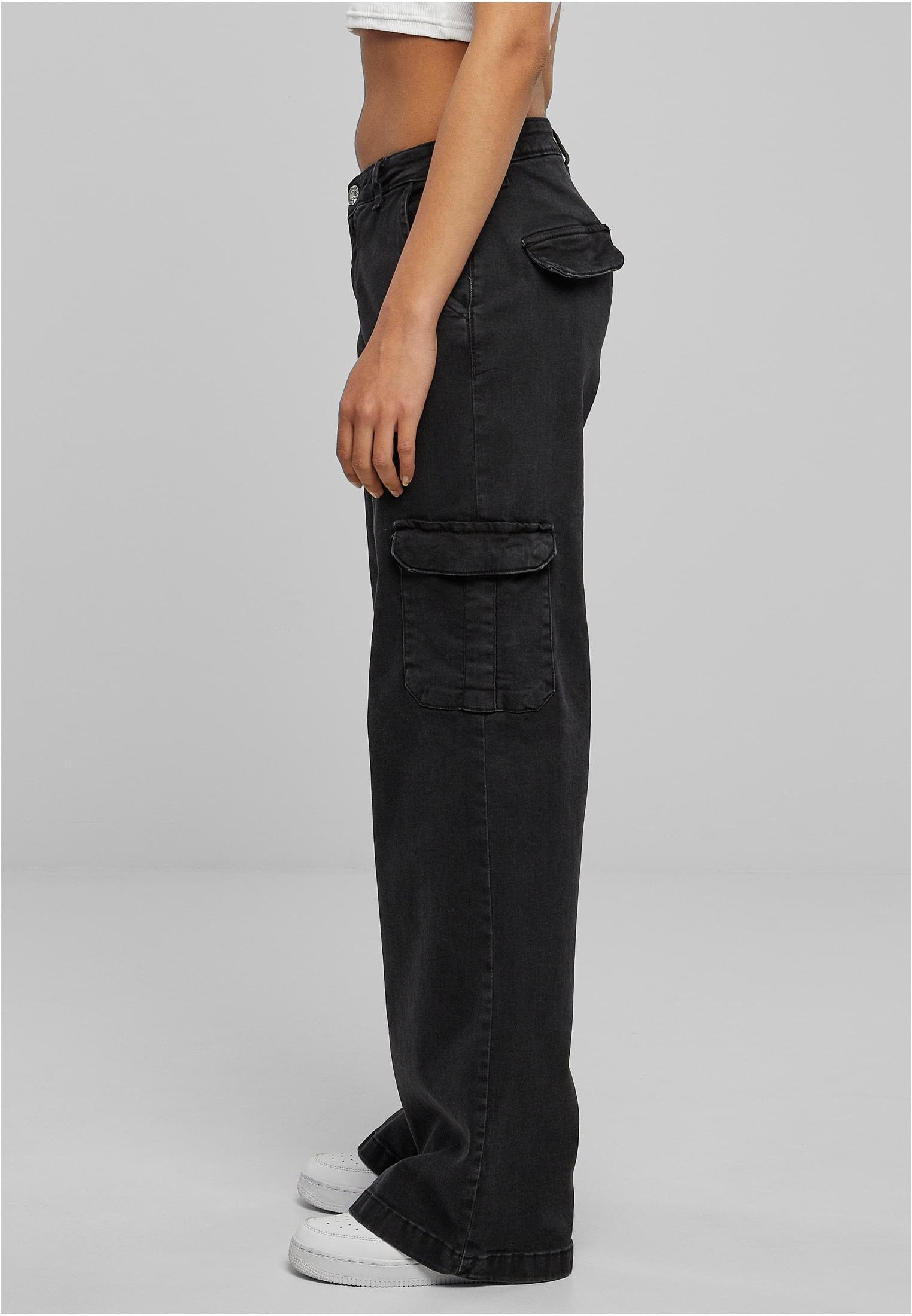 Ladies High Waist Straight Denim Cargo Pants | black washed