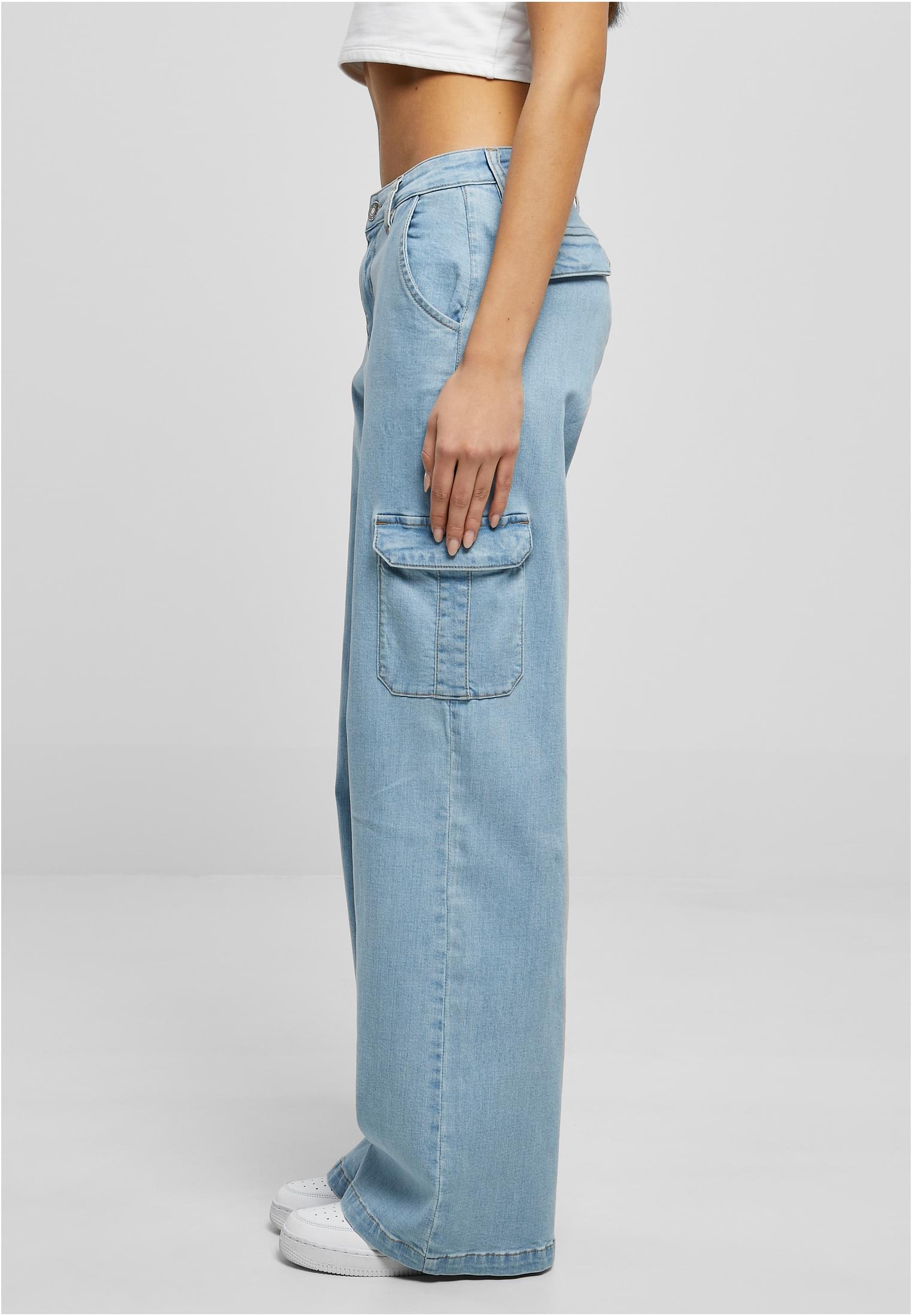 Ladies High Waist Straight Denim Cargo Pants | lighter washed