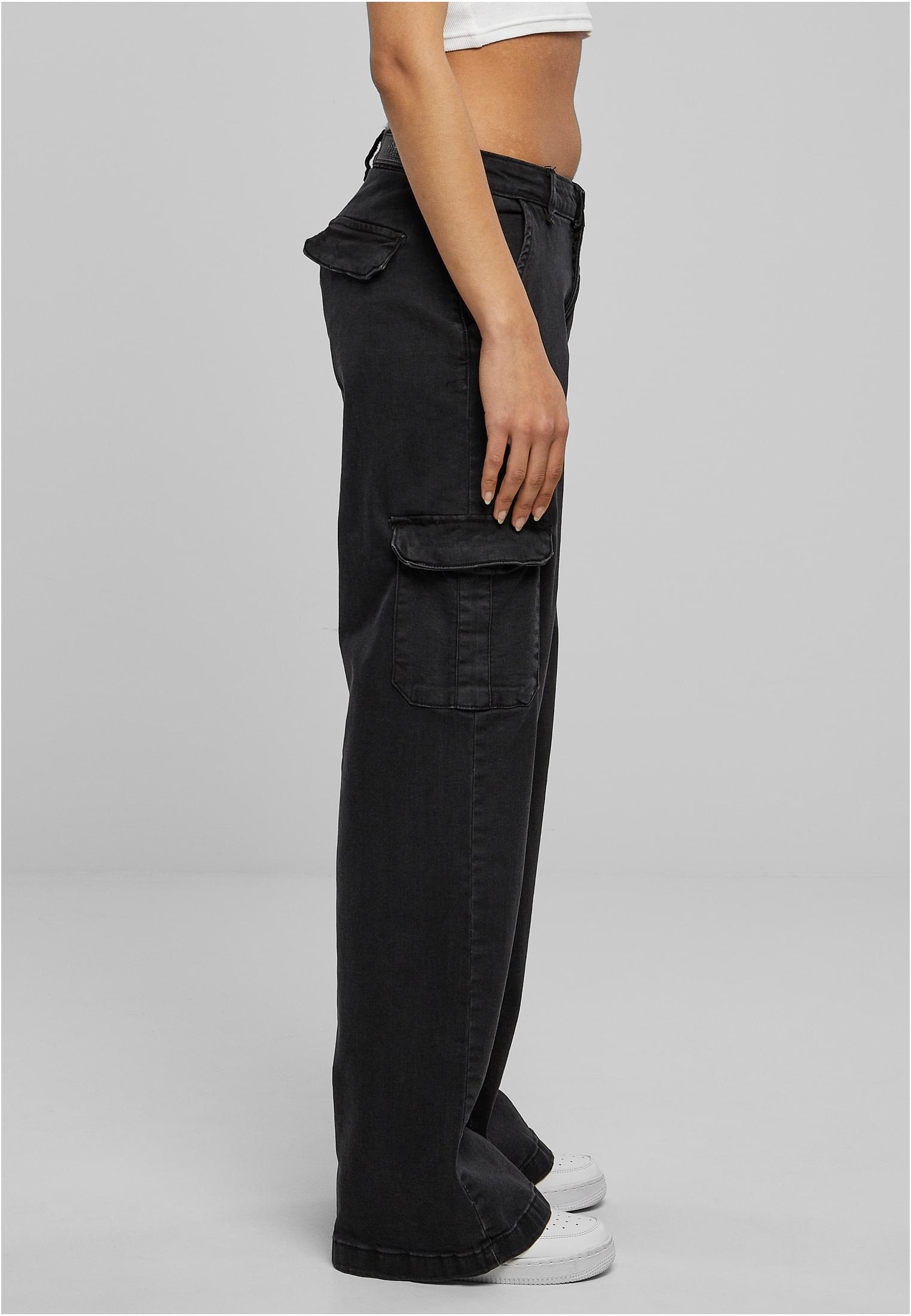 Ladies High Waist Straight Denim Cargo Pants | black washed