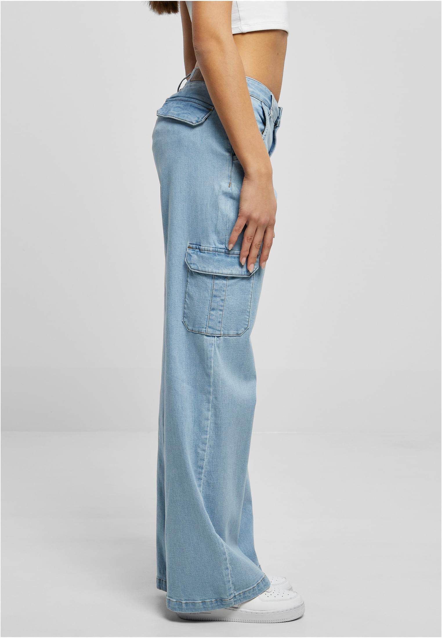 Ladies High Waist Straight Denim Cargo Pants | lighter washed