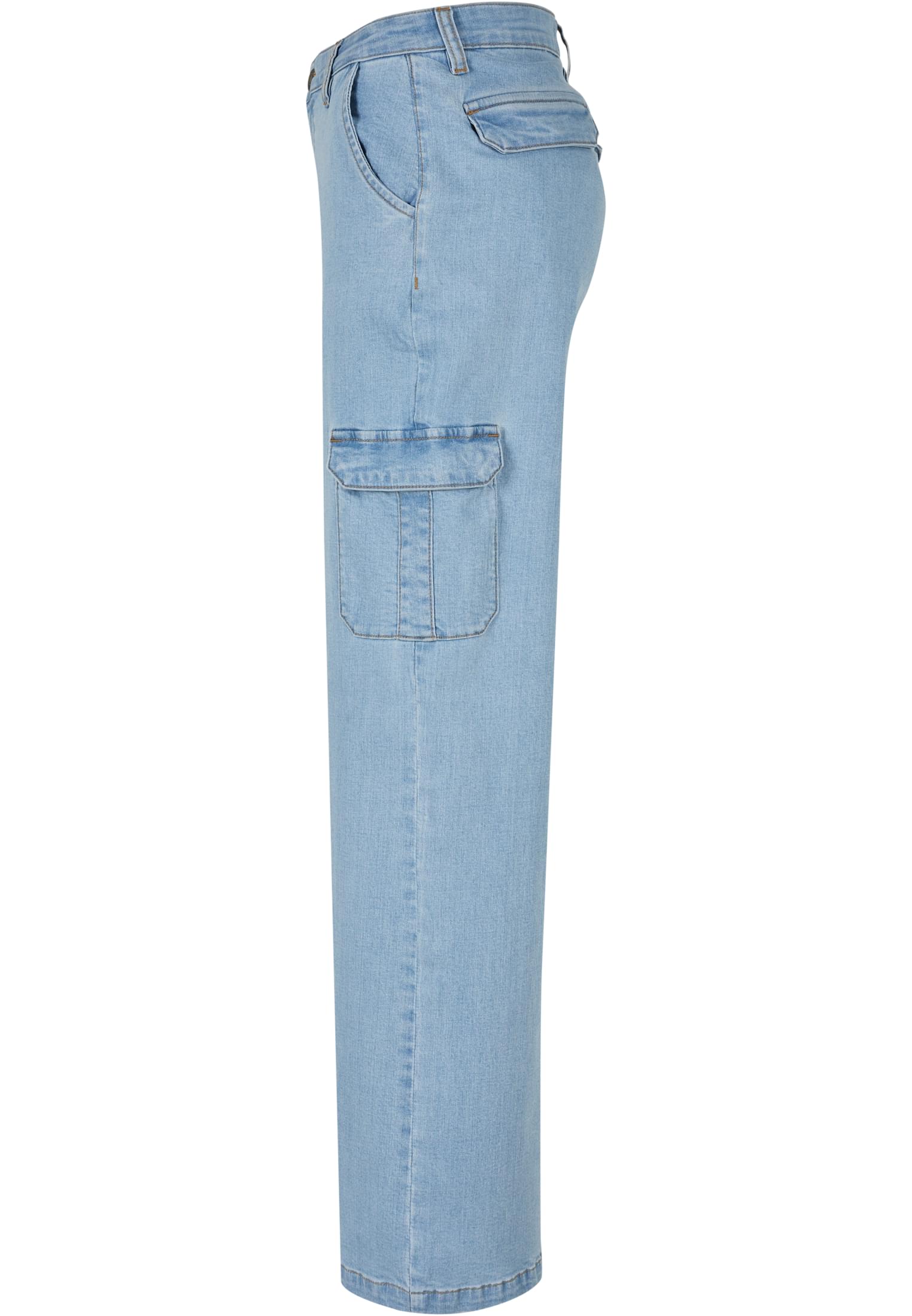 Ladies High Waist Straight Denim Cargo Pants | lighter washed