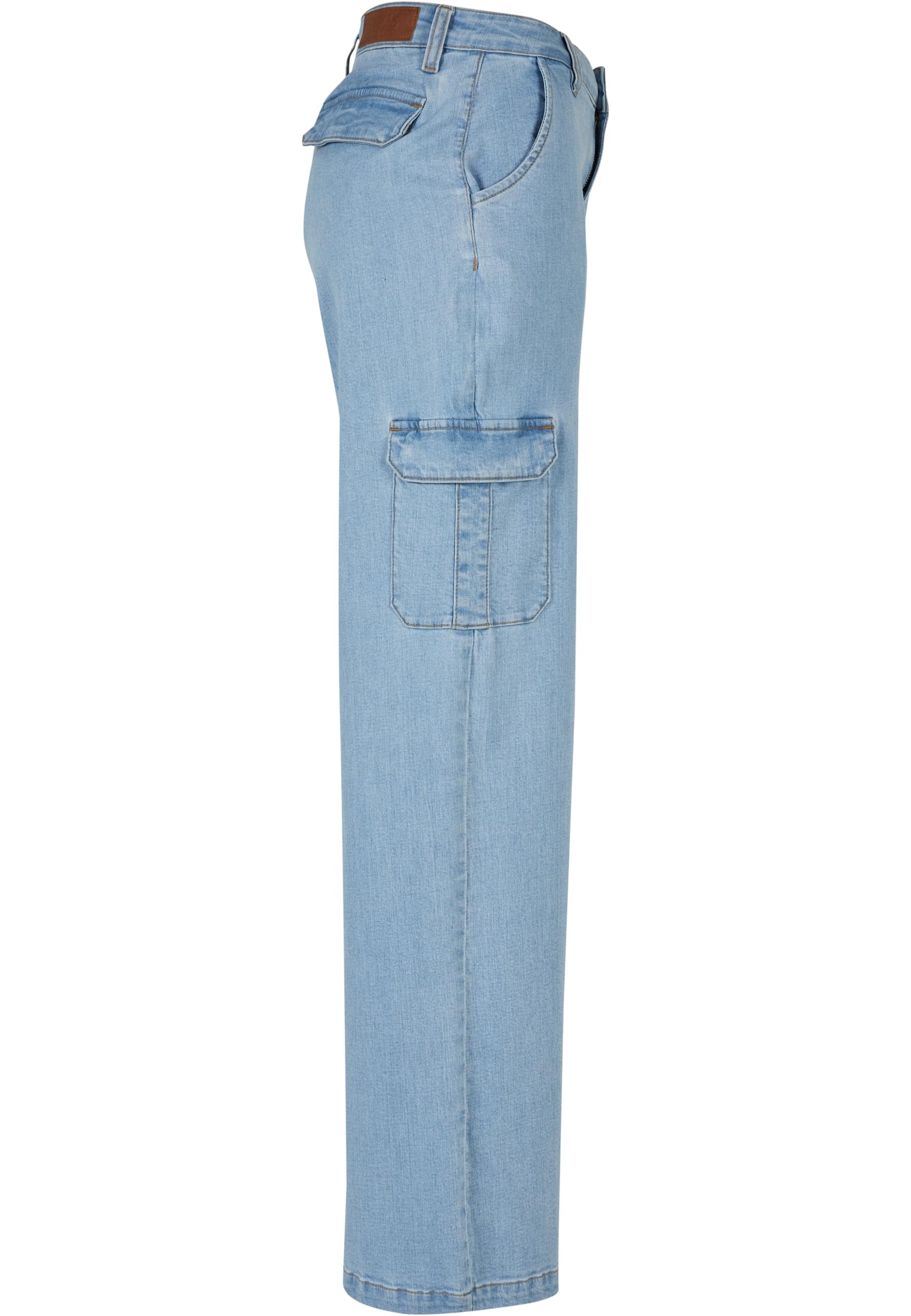 Ladies High Waist Straight Denim Cargo Pants | lighter washed