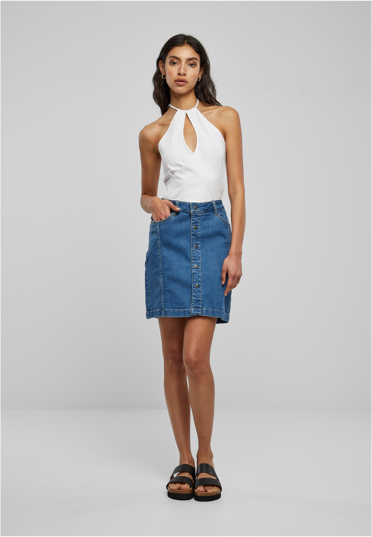 Ladies Organic Stretch Button Denim Skirt | clearblue washed