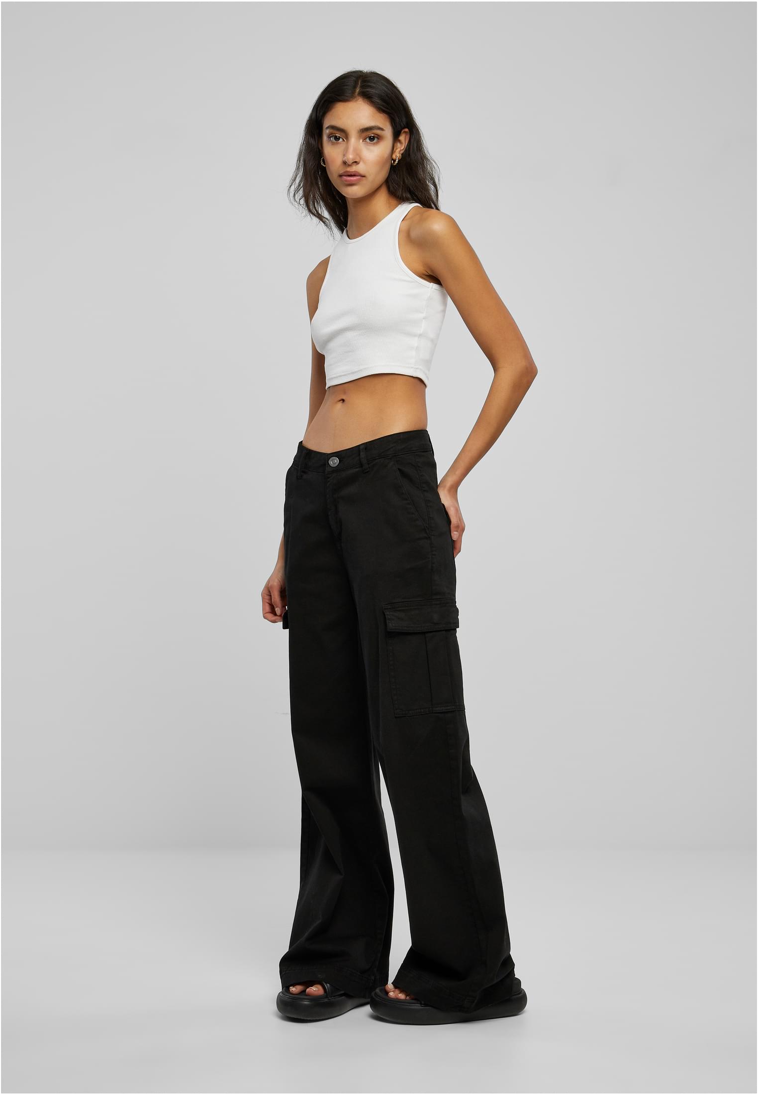 Ladies High Waist Wide Leg Twill Cargo Pants | black