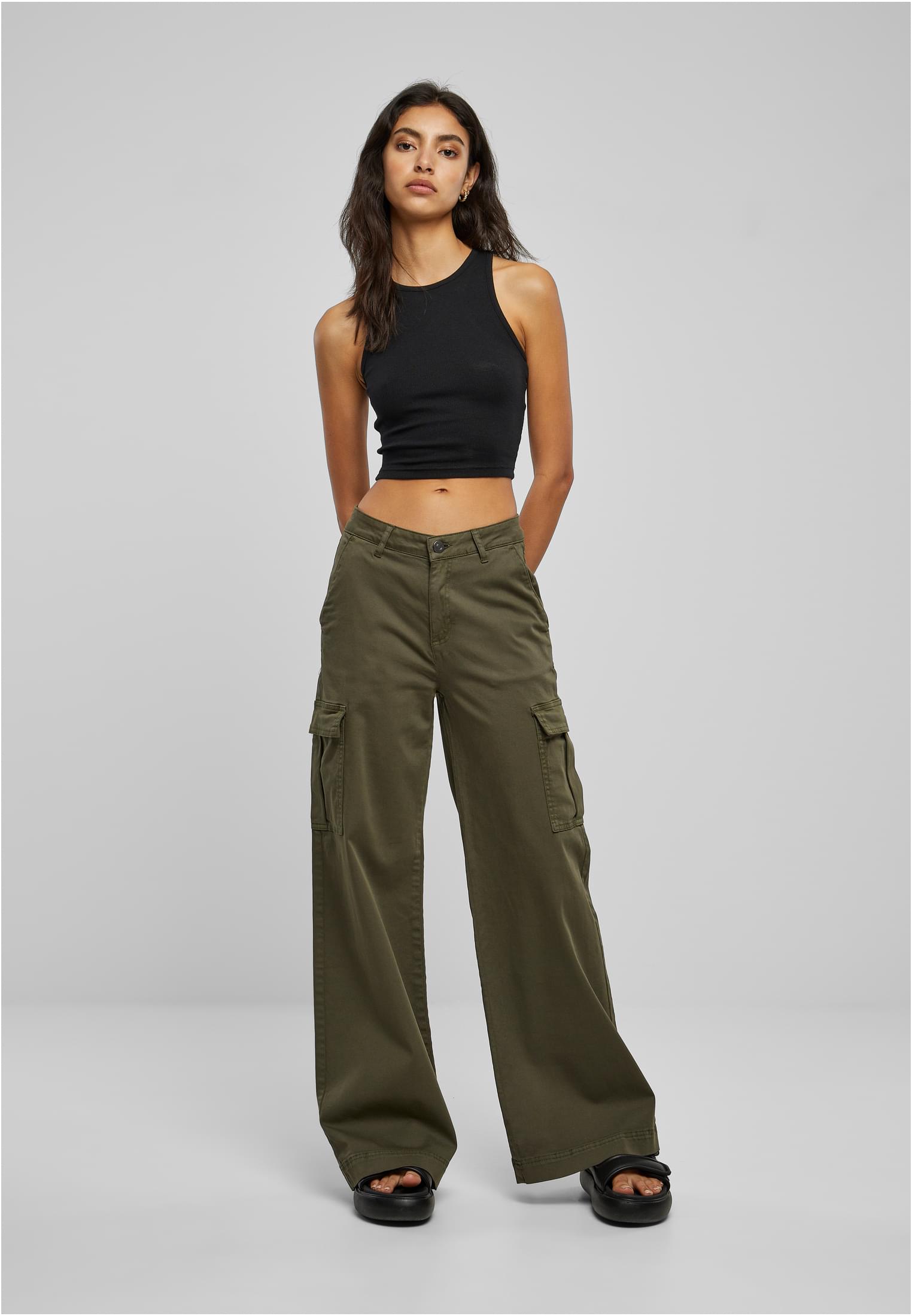 Ladies High Waist Wide Leg Twill Cargo Pants | olive