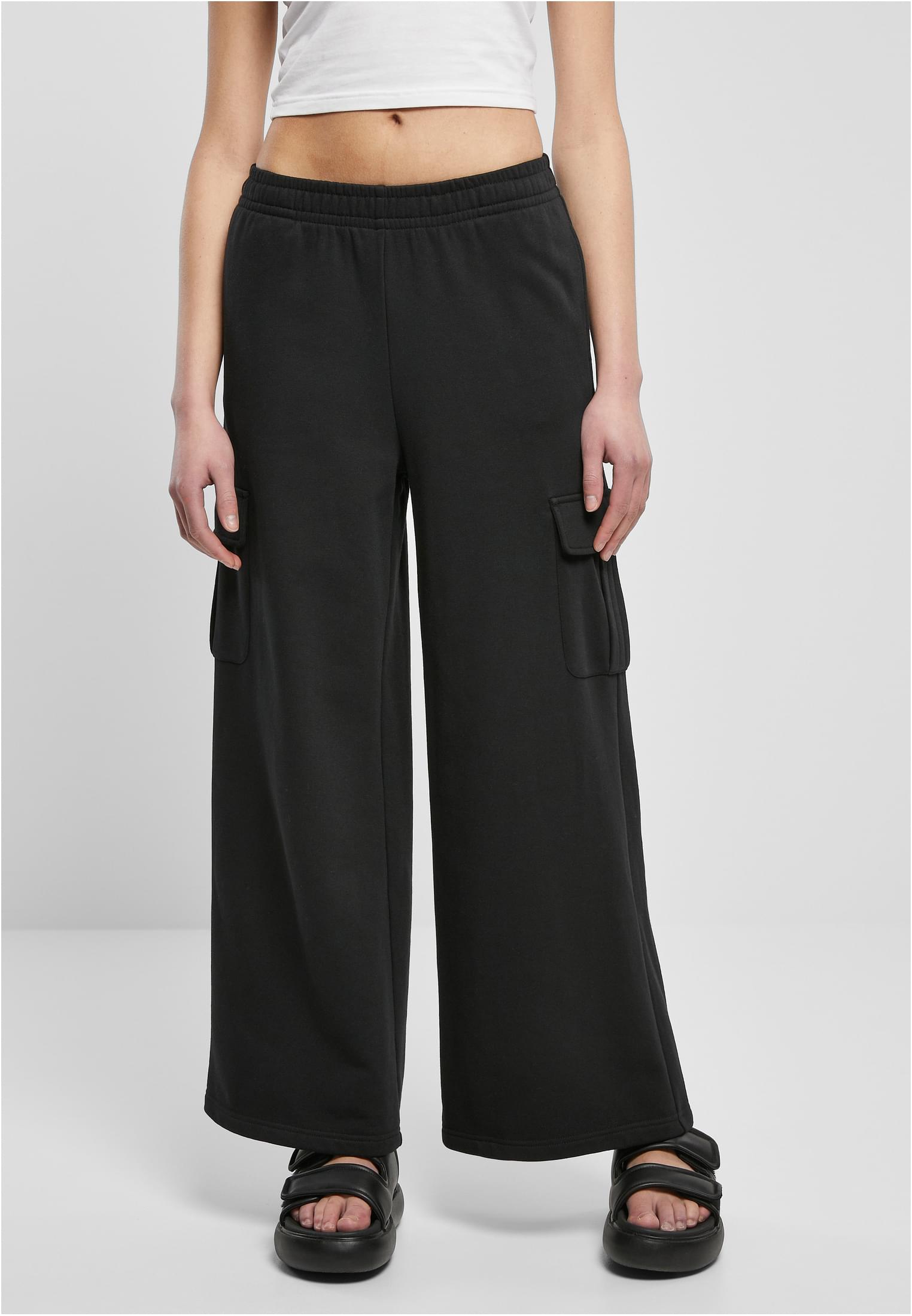 Ladies Highwaist Wide Leg Cargo Terry Pants | black